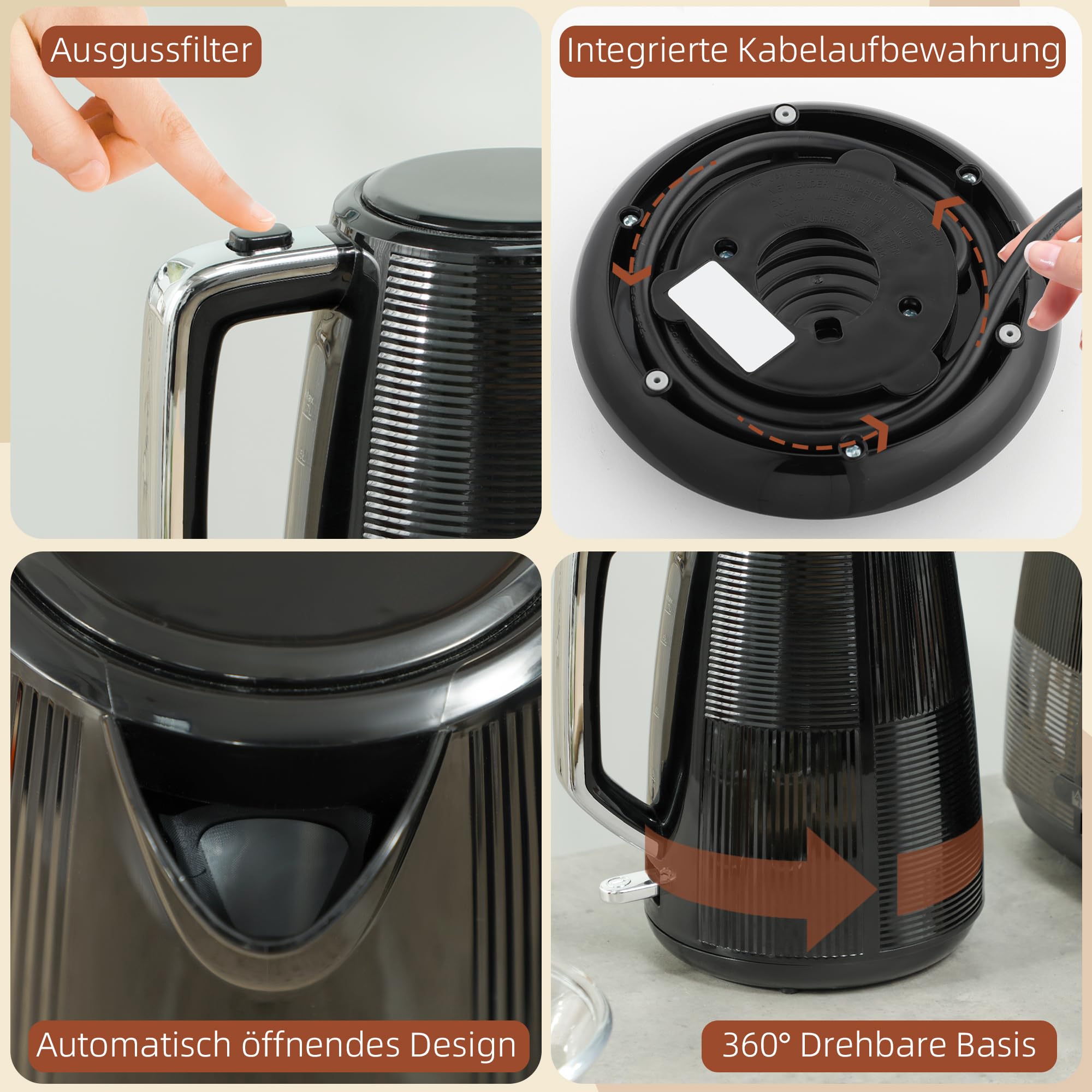 HOMCOM Bouilloire électrique Set grille-pain 2200 W 1,7 litre Bouilloire électrique Double fente Set petit-déjeuner avec filtre anticalcaire, 7 niveaux de torréfaction, fonction décongélation &