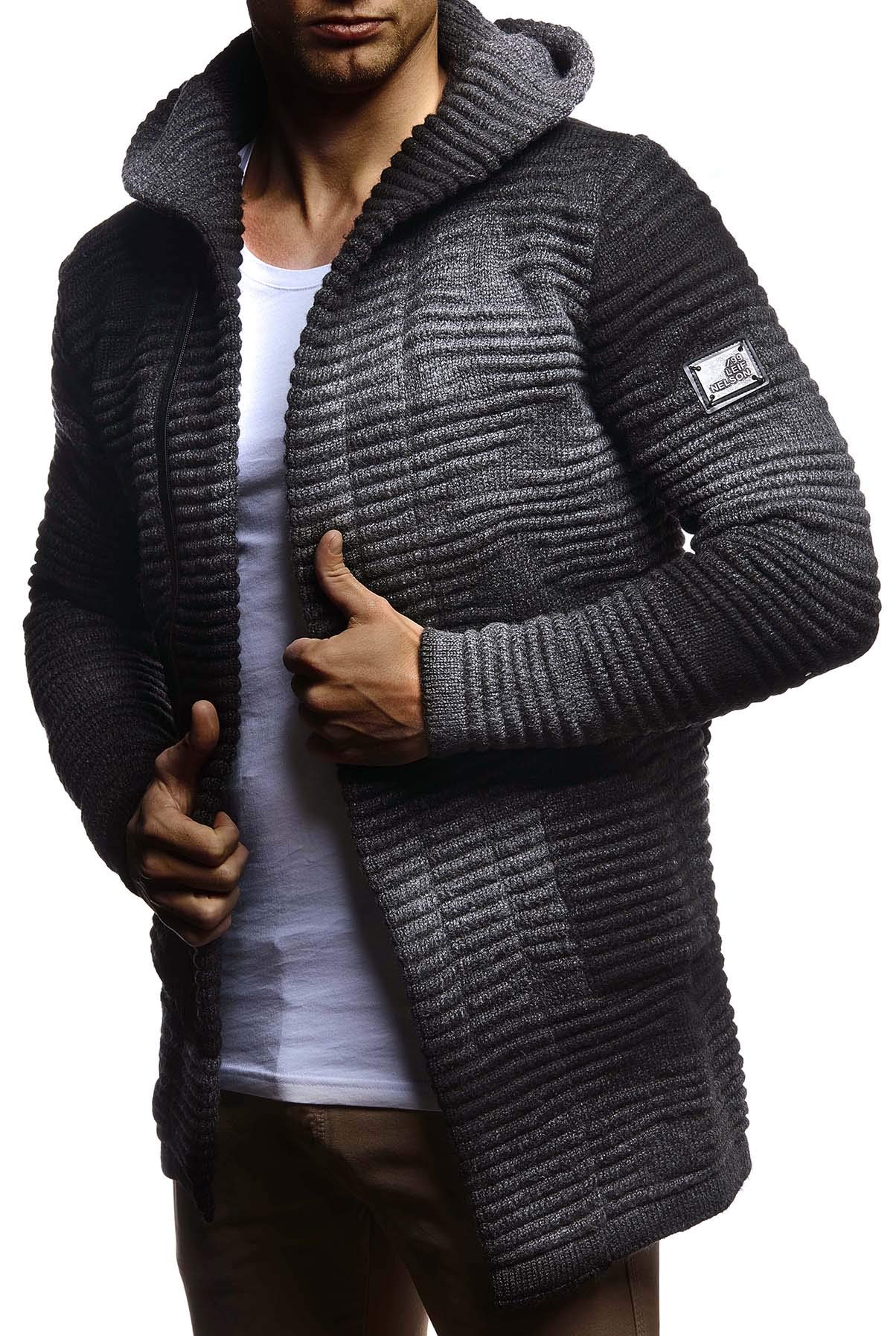 Leif Nelson Herren Strickjacke lang mit Kapuze & Reißverschluss - Strick Sweatjacke Männer Cardigan für Winter