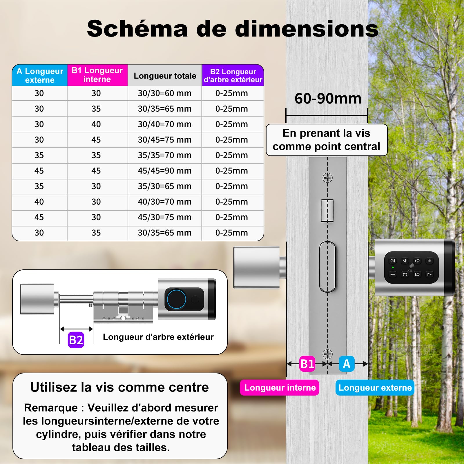 Serrure connectée, serrure électronique à empreinte digitale, longueur réglable Smart Lock, serrure électronique avec carte RFID, application, WiFi, Bluetooth, 60–90mm, accessoires de rallonge, argent