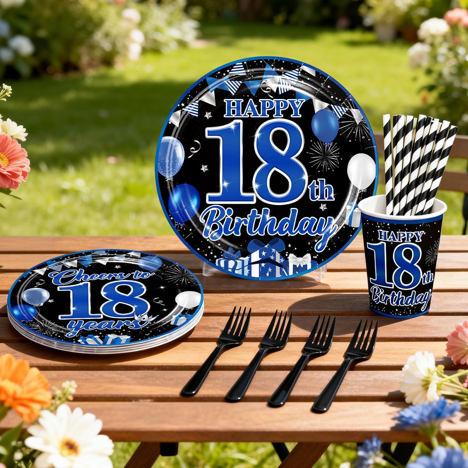 205 Pcs 18th Birthday Decorations for Boys, Blue and Black Birthday Decorations Set Serves 25 Guests, Including Balloons, Banner, Cake Toppers, Plates and Napkins, Tablecloth for Happy 18th Birthday
