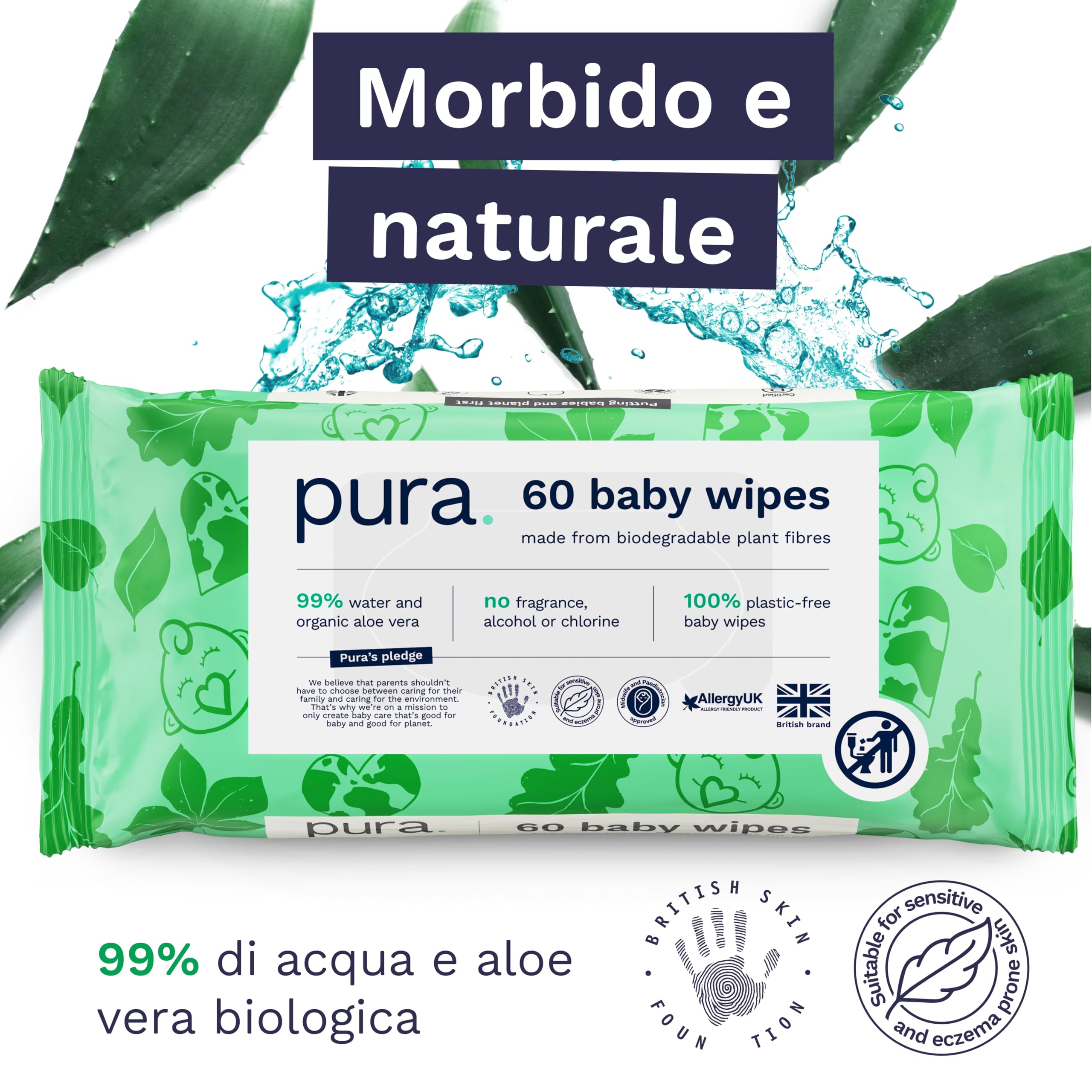 Pura Salviette per bambini, 1080 Salviette (18 x 60 salviette), Scatola mensile, 99% Acqua, 100% Senza Plastica, Senza Profumo per Pelle Sensibile, Aloe Vera, Vegano