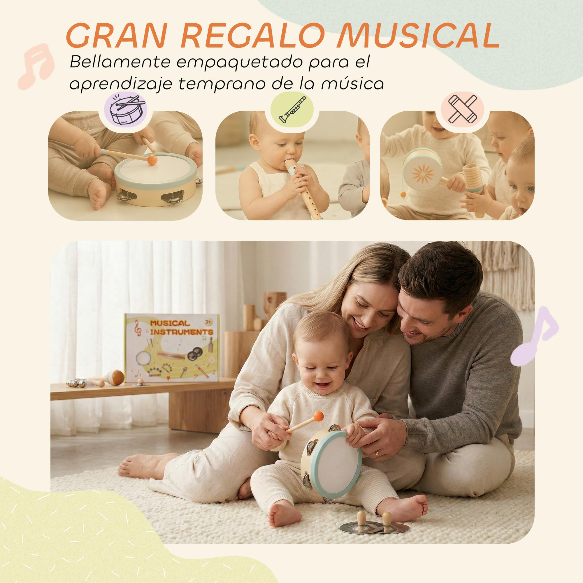 AIYAPLAY Instrumentos Musicales Infantiles 10 Piezas Madera Montessori | Set de Percusión con Pandereta y Maracas, Regalo para Niños y Niñas de+ 3 Años, para Cumpleaños