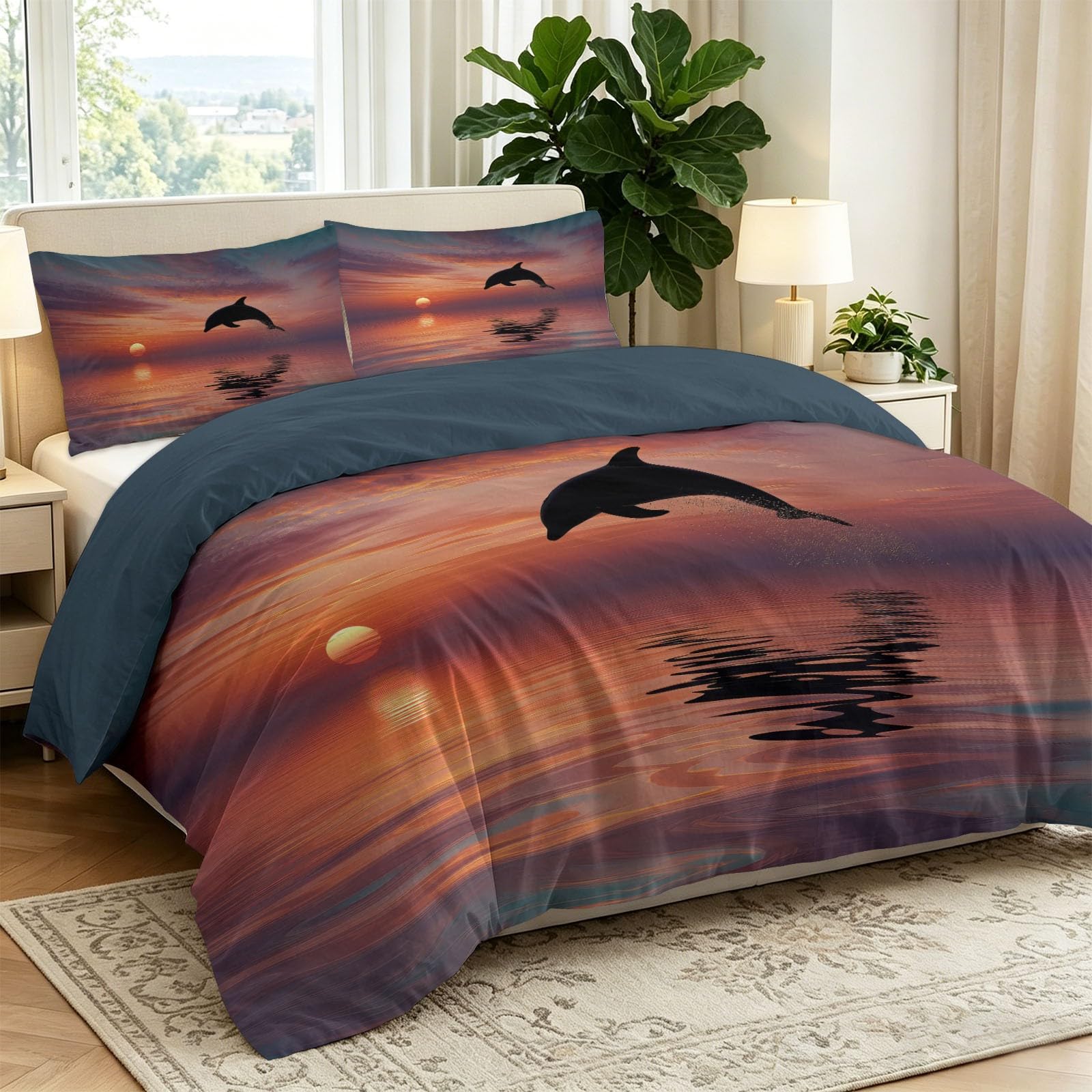 Biancheria da letto con delfini, tramonto e crepuscolo, in morbida microfibra, 155 x 220 cm, con 2 federe da 50 x 70 cm, per bambini, ragazze e ragazzi