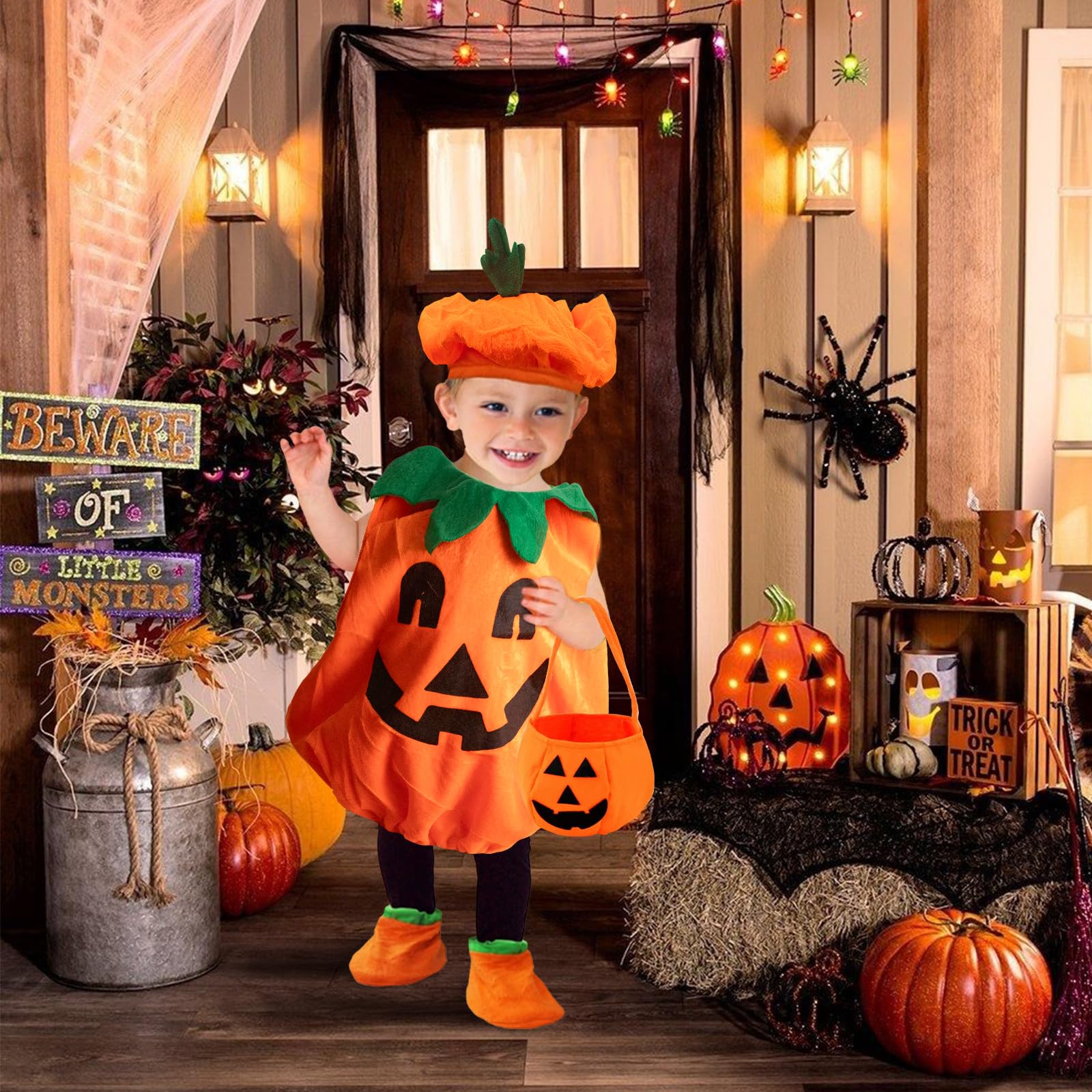 Satar Refes Halloween Pumpkin Costume for Kids Toddler Pumpkin Costume with Pumpkins Hat Candy Bag Shoes Party Fancy Dress Clothes Outfits for Baby Boys Girls Halloween Cosplay - Image 4