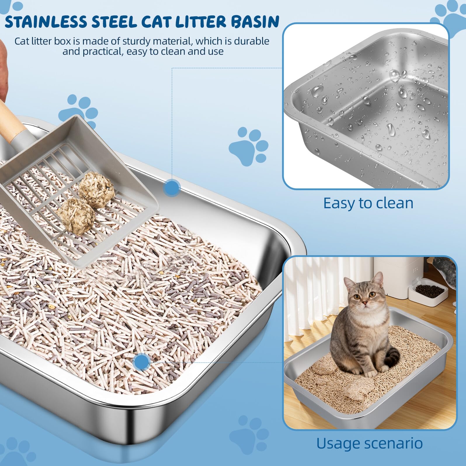 Generico Lettiera Aperta per Gattini in Acciaio Inox 304 senza Fori, Contenitore in Metallo Resistente 36x27x7 Cm, Toilette per Animali Domestici Ampio Spazio per Casa e Viaggio