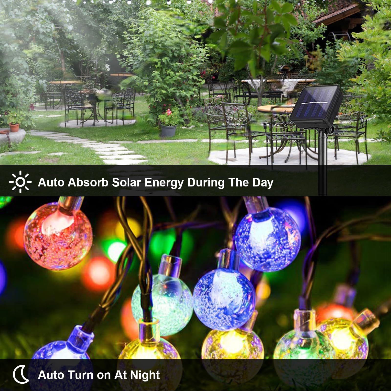 LQWELL® Catena luminosa a energia solare per esterni, giardino, luce a energia solare, sfere di cristallo, 20 LED, 5 m, IP65, 8 modalità, per esterni, giardino, terrazza (5M 20LED Multicolore)