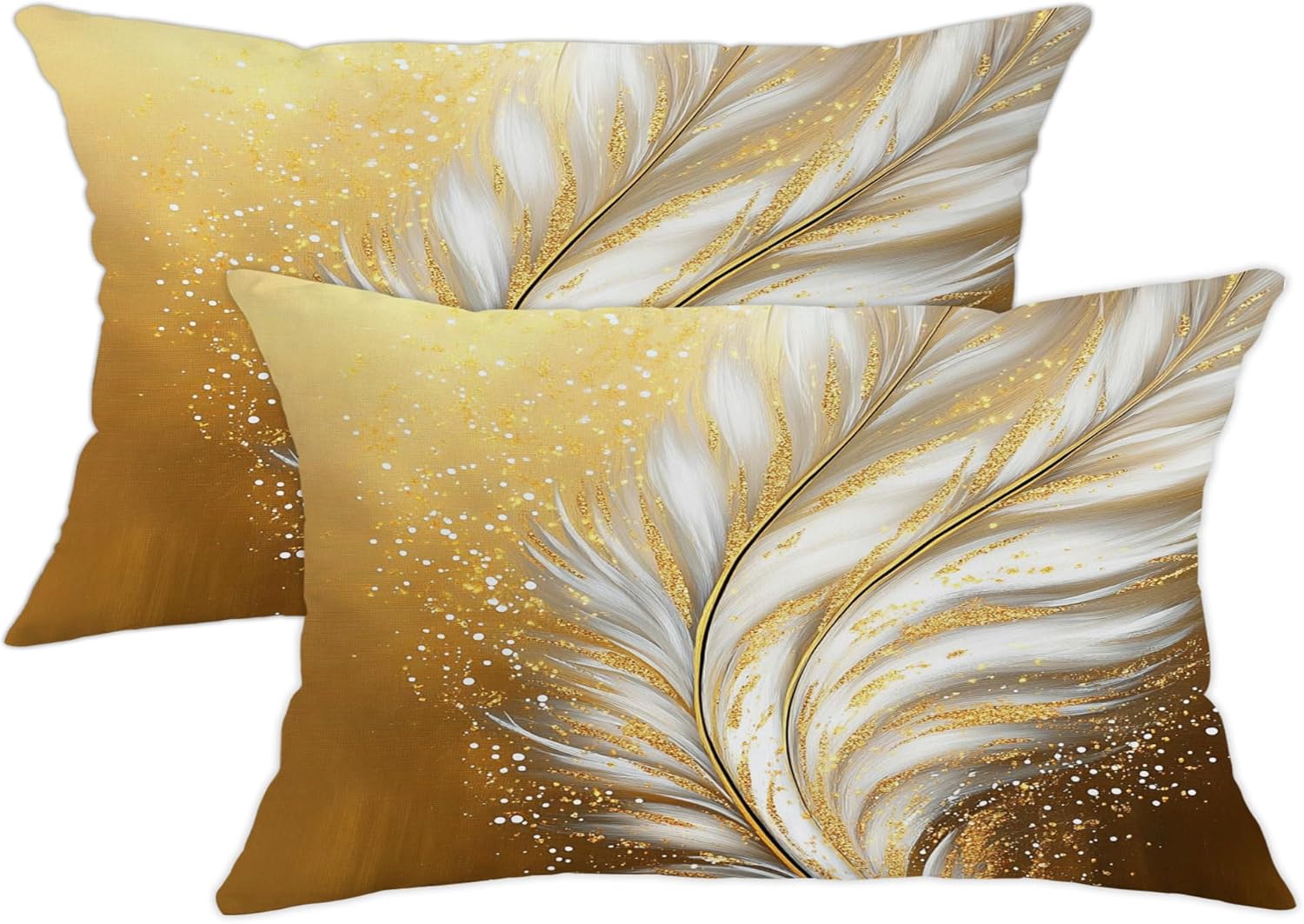 Elegant Gold Feather Throw Pillow Covers Set of 2, White and Gold Artwork Cushion Cases, Luxury Decorative Square Accents Pillows for Couch Sofa Home Decor 26x26 Inch