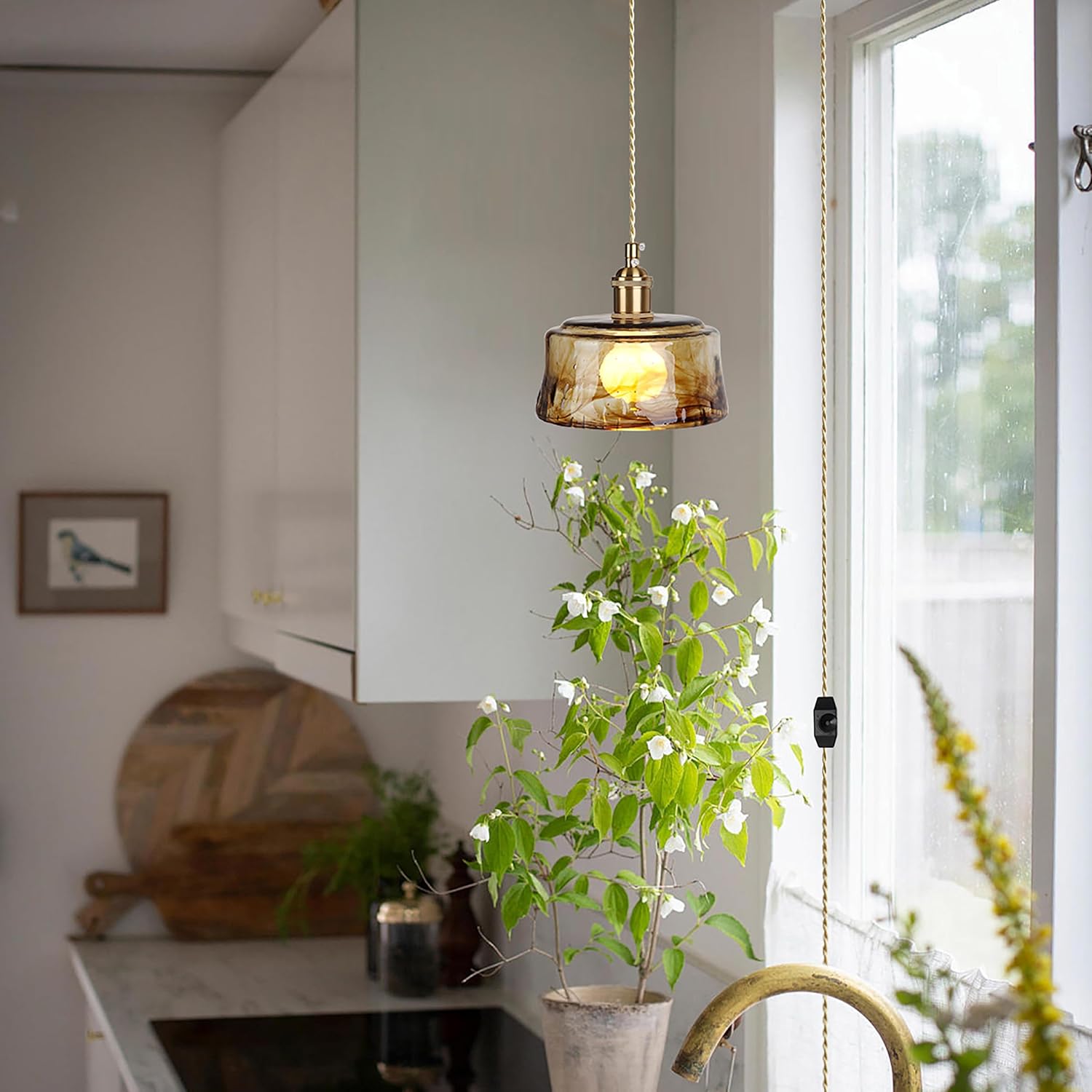 Sedelan Plug in Hanging Light, Glass Hanging Lights with Plug in Cord，Dimmable Pendant Lights Kitchen Island, Vintage Pendant Light Fixtures for Living Room Bedroom Hallway