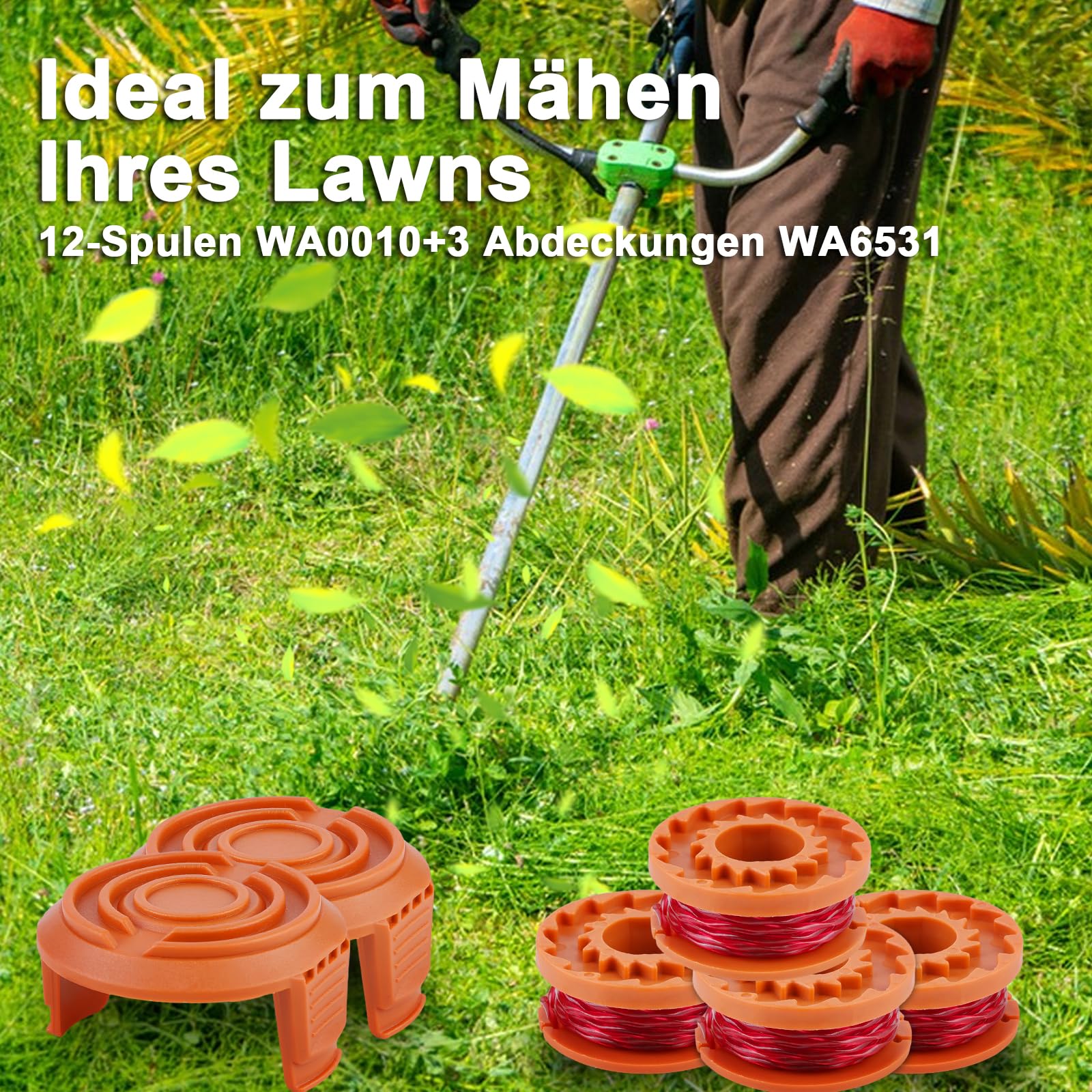 Zamienna szpula do podkaszarki do trawy Worx, wszystkie 20 V, szpula żyłki do podkaszarki, szpula zapasowa model WA0010 Ø 1,65 mm, długość 3 m (12 zapasowych szpul + 3 nasadki WA6531)