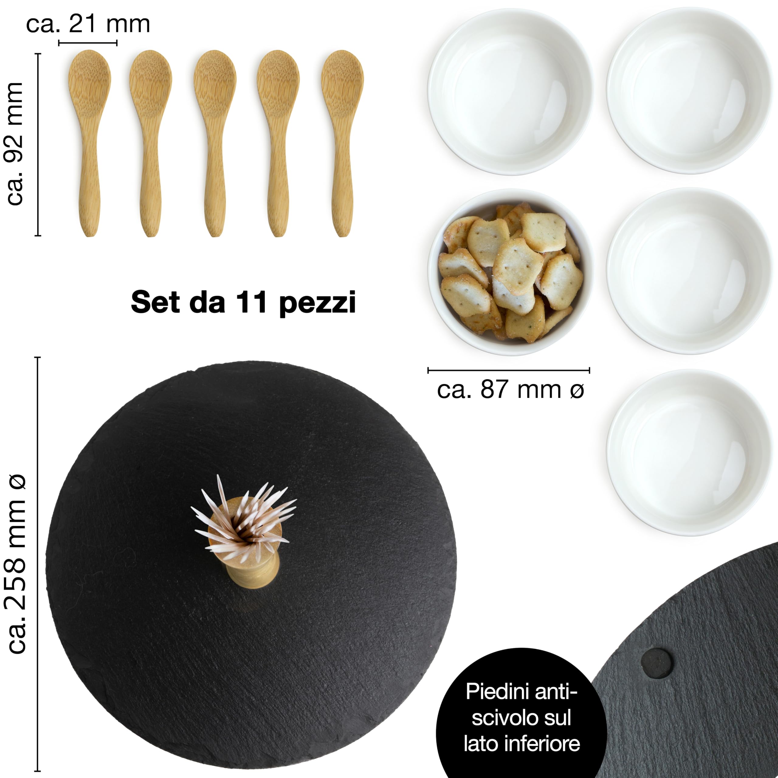 Moritz & Moritz set da 11 pz Serving Set Sesame - vassoio in ardesia con manico in legno ciotole in ceramica cucchiai di bambù - per antipasti e snack