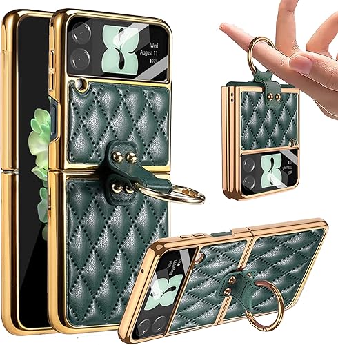 Miimall Funda de piel para Samsung Galaxy Z Flip 4 5G, protector de lente de cámara + soporte de anillo trasero + cubierta galvanoplastia, funda