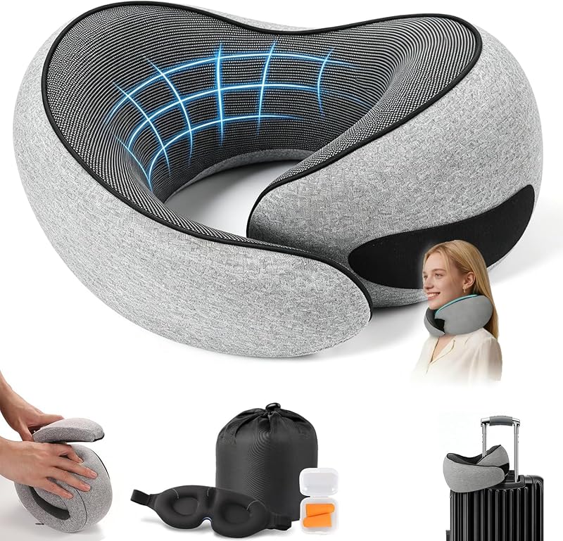 G-Shape Memory Foam Travel Pillow Super Comfort Neck Pillow Airplane 360°Support | Complete Sleep Kit: Eye Mask, Ear Plugs & Carry Bag |Airplane Pillow for Home, Car & Travel(Gray)