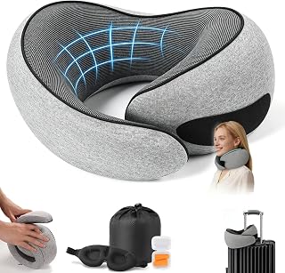 G-Shape Memory Foam Travel Pillow Super Comfort Neck Pillow Airplane 360°Support | Complete Sleep Kit: Eye Mask, Ear Plugs & Carry Bag |Airplane Pillow for Home, Car & Travel(Gray)