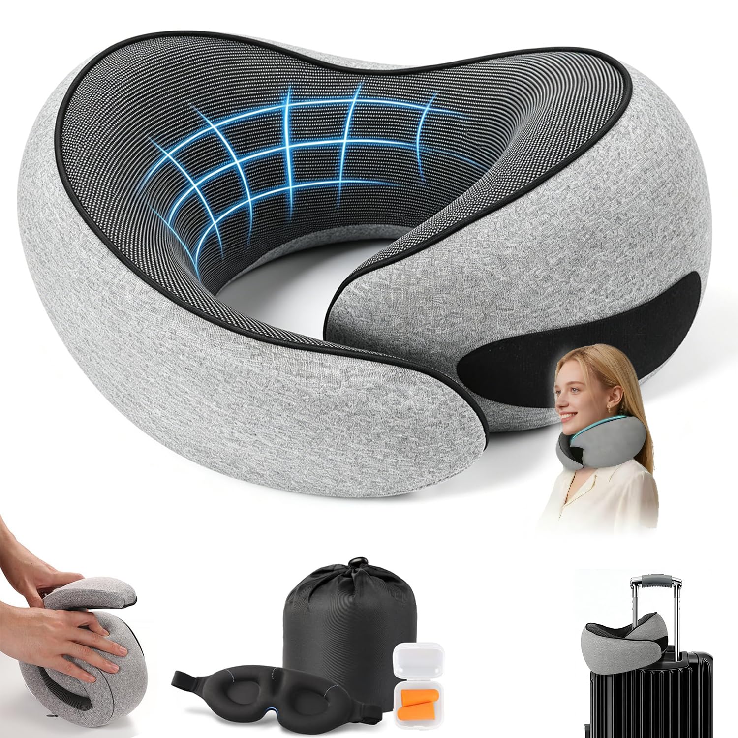 Photo 1 of Sadaug G-Shape Memory Foam Travel Pillow with Sleep Kit