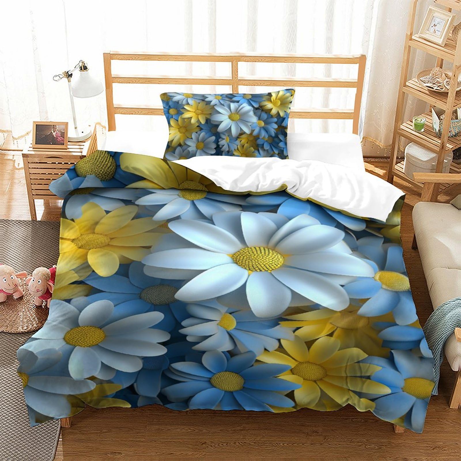 Housses de couettes 3 pièces motif chrysanthème 3D microfibre 135x200cm