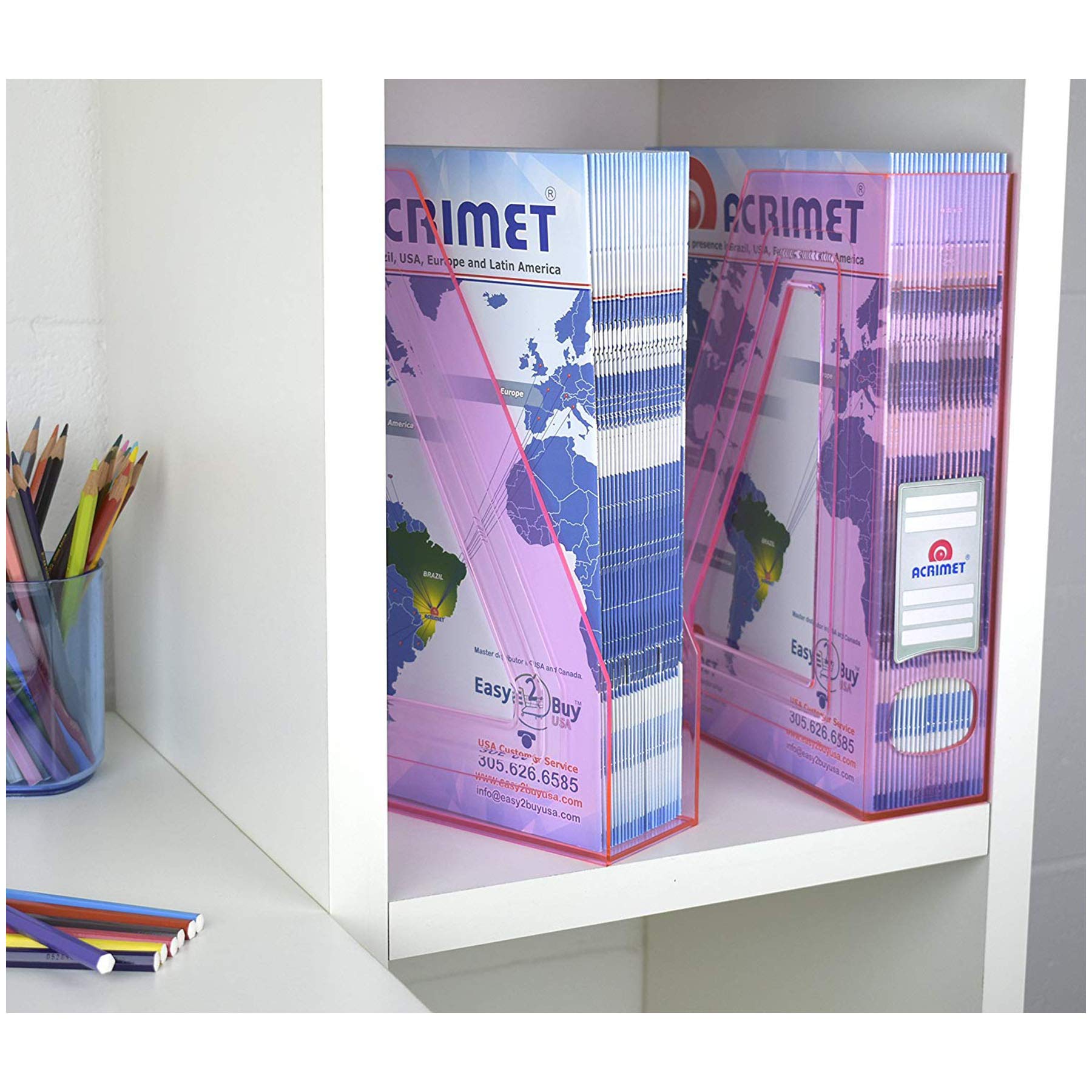 Acrimet Porte-Revues Support Durable Organisateur Dossiers Bureau Plastique Rose Transparent Lot de 2