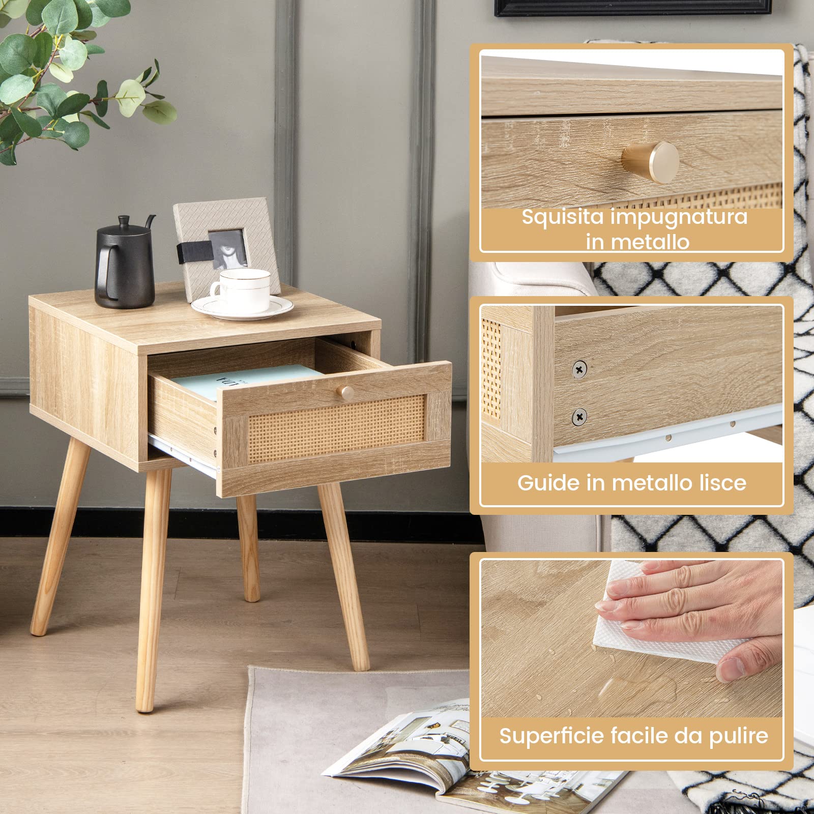 COSTWAY Set di 2 Comodini in Stile Boèmo in Legno e Rattan con Cassetto