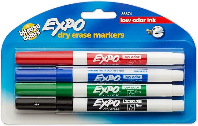EXPO Dry Erase Markers, Low Odour Ink, Assorted Colours, Fine Tip, 4 Count