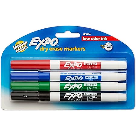 EXPO 86674K Low-Odor Dry Erase Markers, Fine Point, Assorted Colors, 4-Count