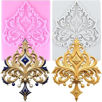 Baroque Scroll Relief Silicone Molds Relief Flower Lace Fondant Mold for Cake Decorating Cupcake Topper Candy Chocolate Sugar Gum Paste Polymer Clay Set of 2