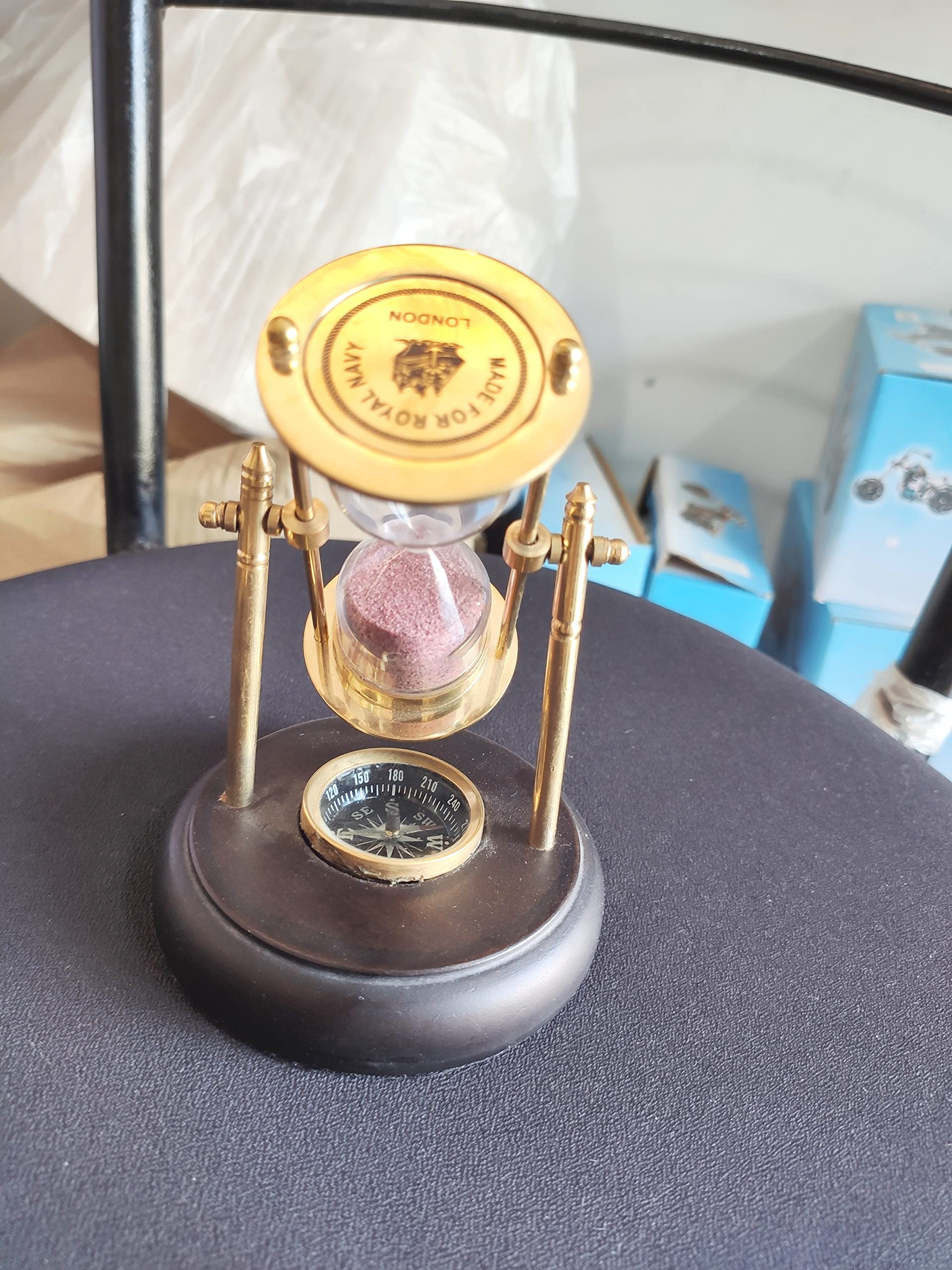 Warcraft Nauticals Antique Brass Sand Timer with Working Compass Hour Glass Clock Home Decor Ideal for Exercise, Tea Making, Study Table Decor, Antique Nautical Decor Theme by Blue Globe Export