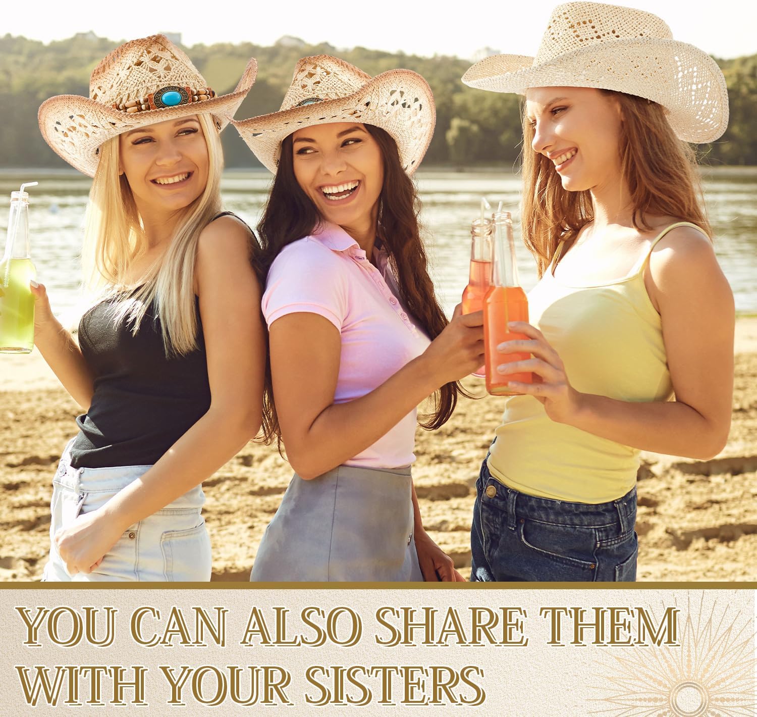 3 Pack Straw Cowboy Hats for Women Men Adjustable Western Cowgirl Hats with Wide Brim for Party, Outdoor - Image 5