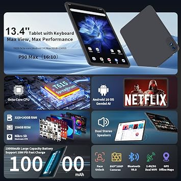 キーボード付き13インチタブレット、ジェミニAI搭載Android 16タブレットシルバーケース