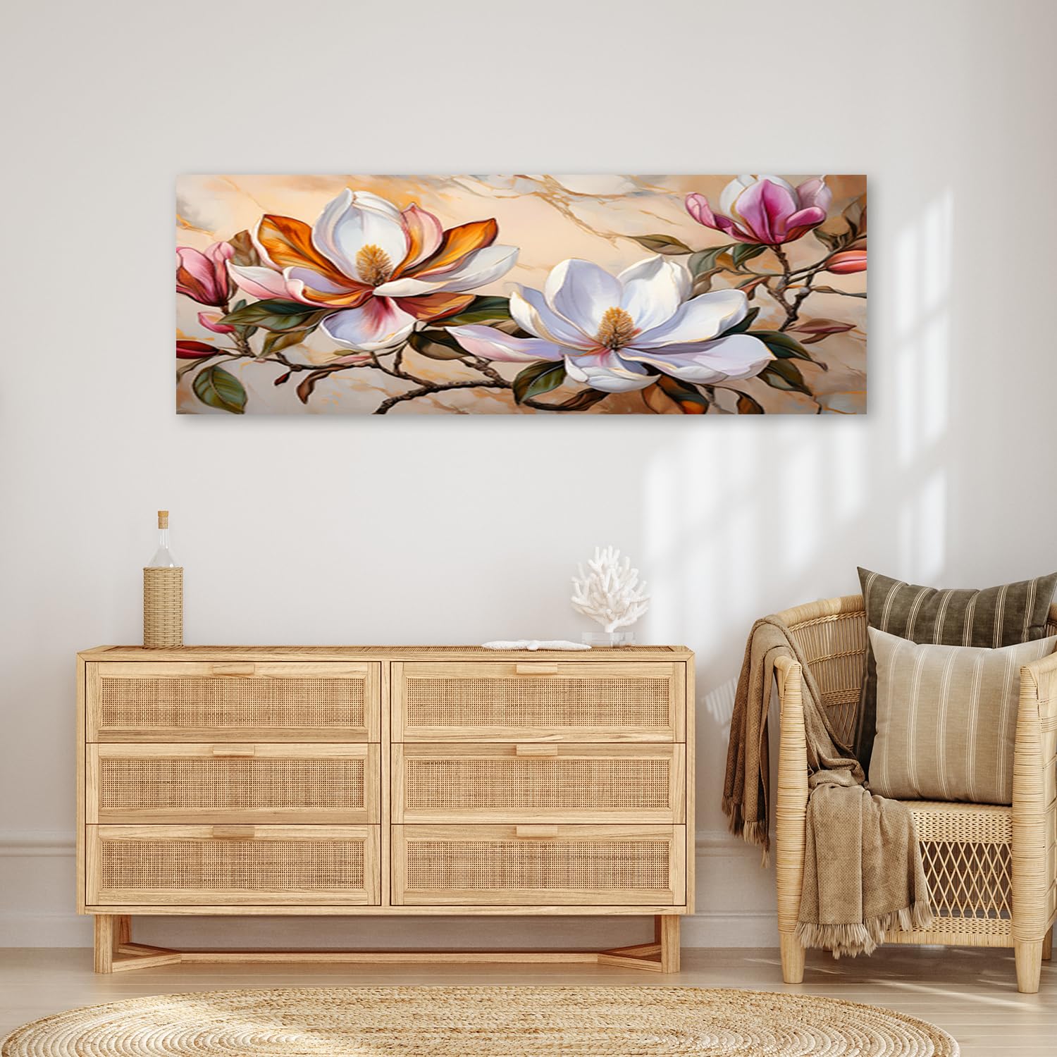Feeby Leinwand Bilder - Bild Wohnzimmer - Magnolien Zweig Blumen Marmor - 120x40 1tlg - Deko Schlafzimmer Groß - Dekoration Canvas - Gemälde - Modern Wandbilder - Kunstdruck
