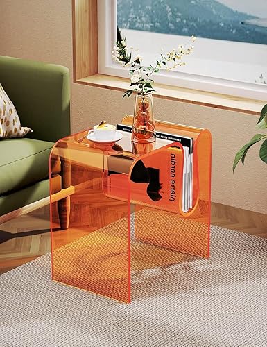 Miniatura 8 de Mesa auxiliar de acrílico, mesa auxiliar pequeña para sala de estar, mesita de noche para dormitorio, mesita de noche Lucite (1, naranja, 17.7 x
