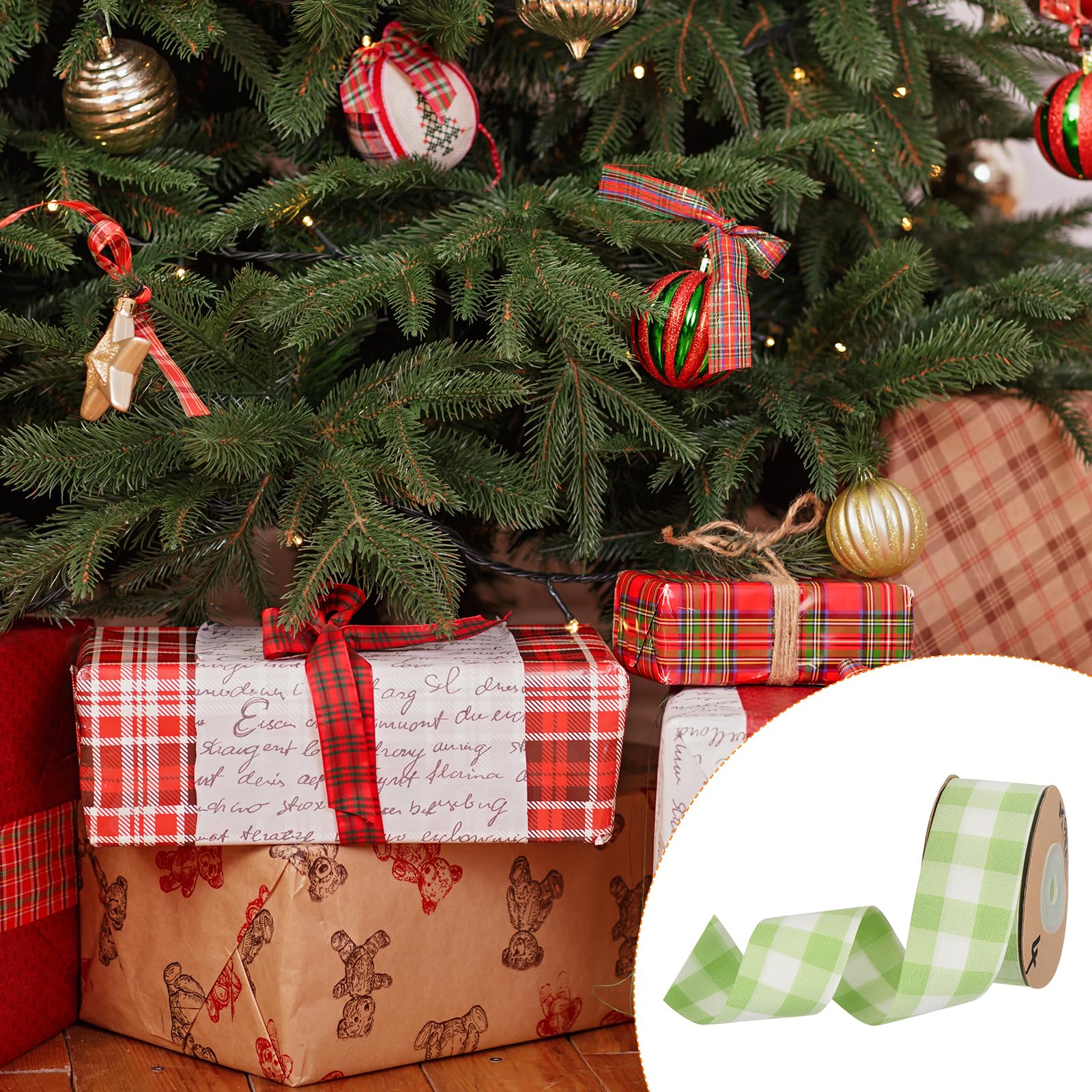Wstążka w kratkę Buffalo Gingham o grubości 1,6 cala, 10 jardów do pakowania prezentów, rękodzieła i dekoracji DIY(Green White)