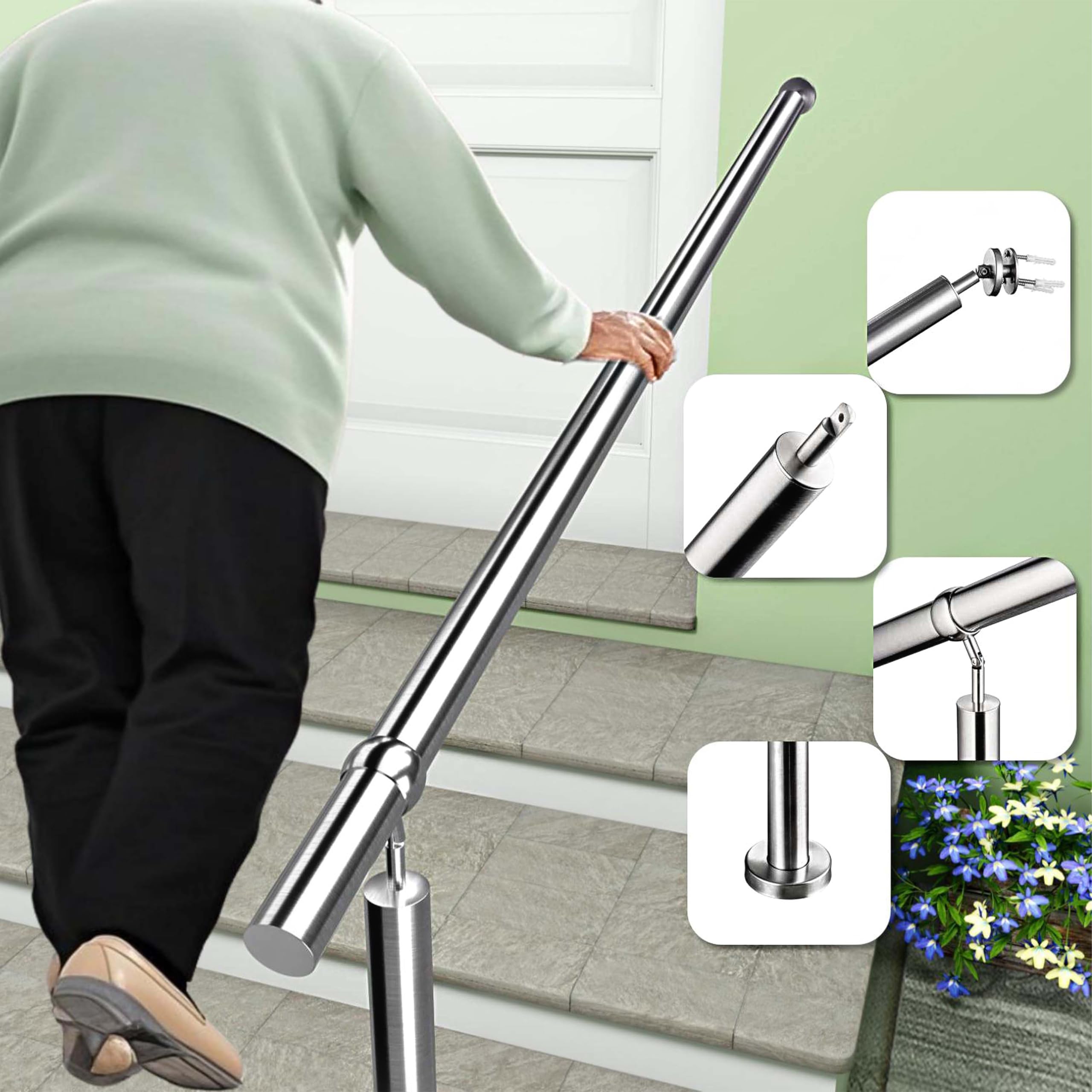 AICA Barandilla de escalera, Barandilla de entrada de acero inoxidable, ángulo de montaje ajustable, montaje en pared y suelo, para entradas, pasillos, interior y exterior, Plateado, 120x95 cm