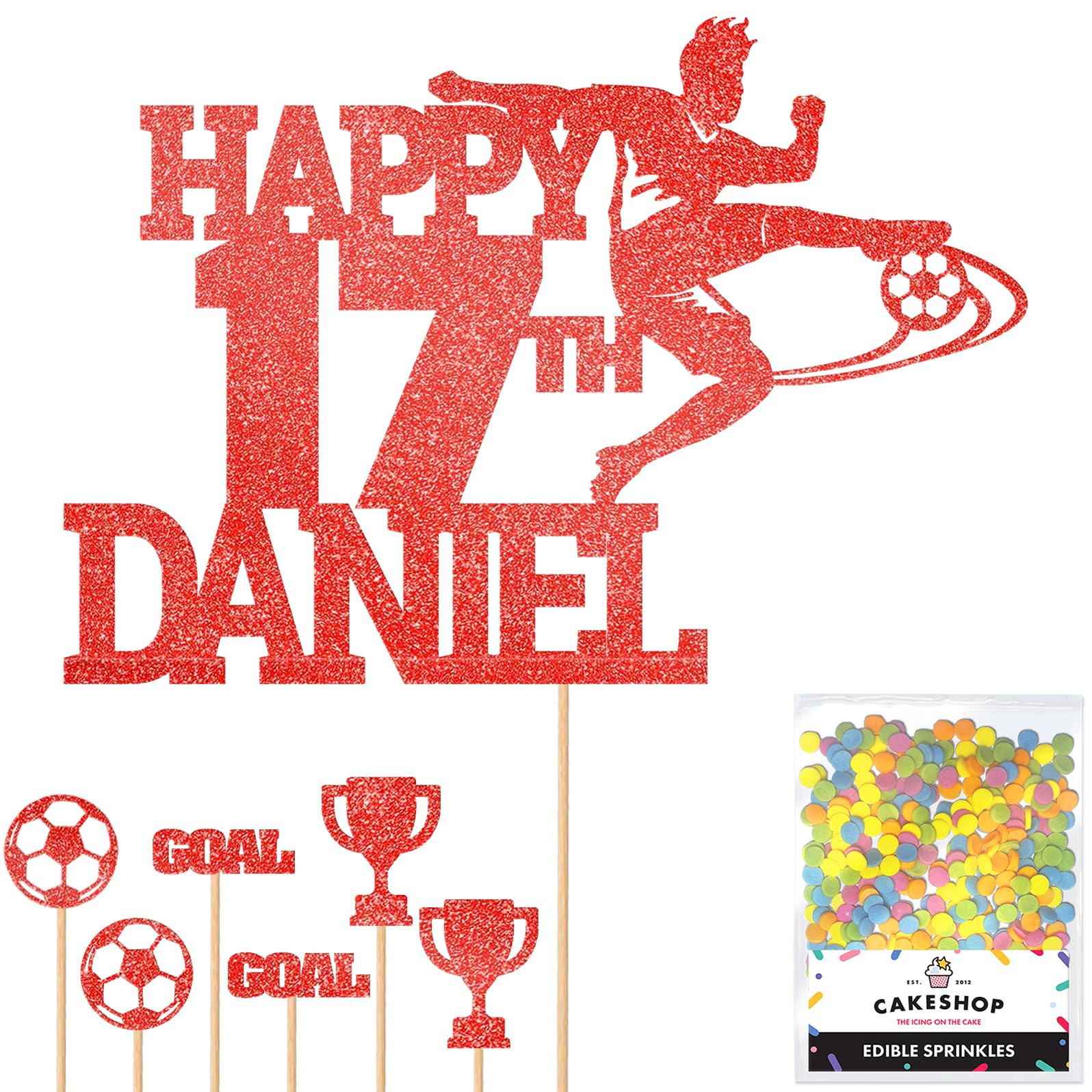 Personalised Birthday Football Footballer Cake Topper- Red Any Name & Age Glitter Cake Decoration and Sprinkles - Happy Birthday Decorations - Personalised Toppers for Cakes by Cakeshop