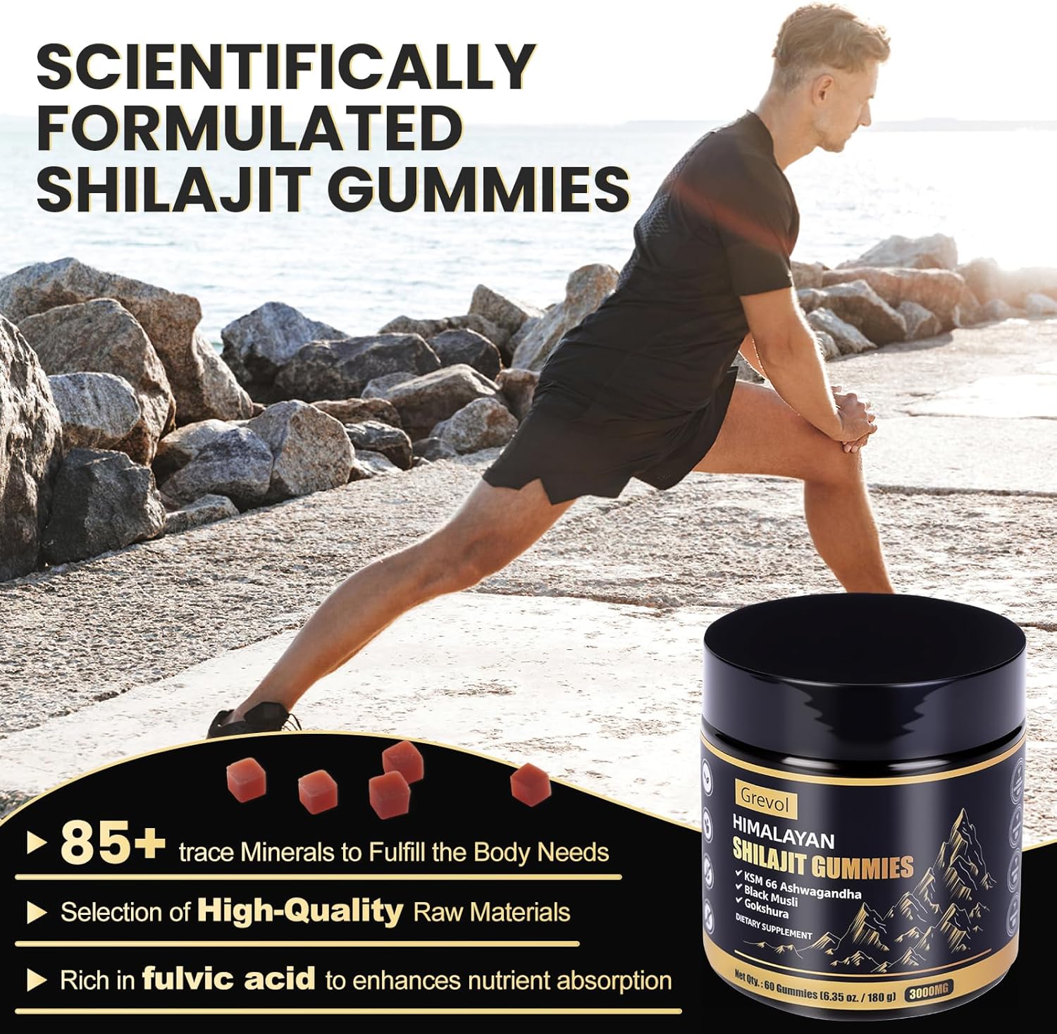 Grevol Himalayan Shilajit Gummies with Ashwagandha - Fulvic Acid & 85+ Trace Minerals - No Added Sugar - Shilajit for Men & Women - 60 Gummy