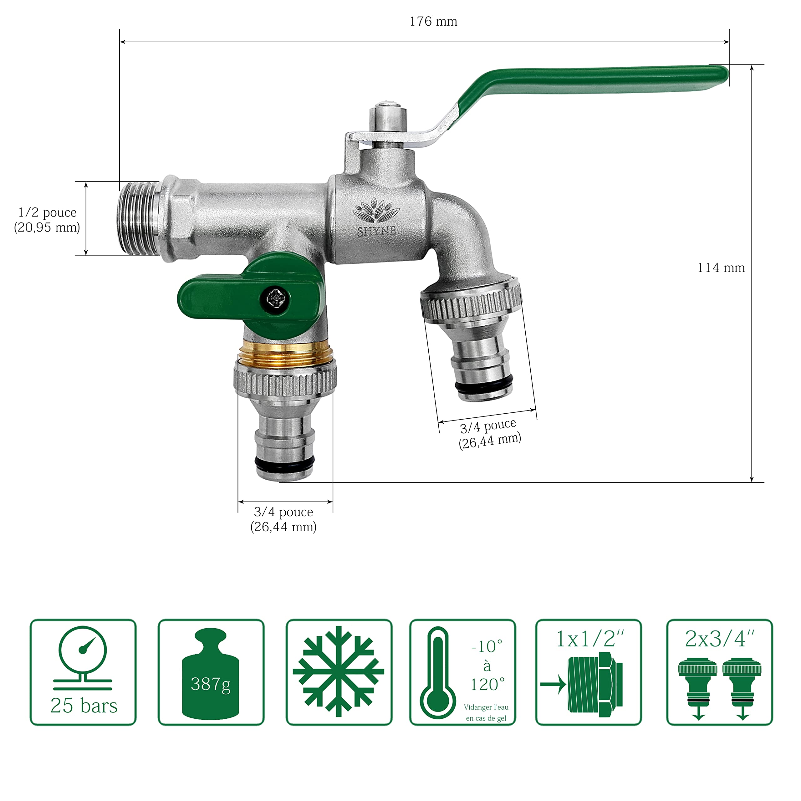SHYNE 1/2'' Pouce (15/21) Robinet d'eau en Laiton Double de Qualité Supérieure, Résistant à la Rouille et au Gel + 2X Raccords de Tuyau Gratuits + Ebook | Pour Jardin, Machine à Laver, Baril de Pluie
