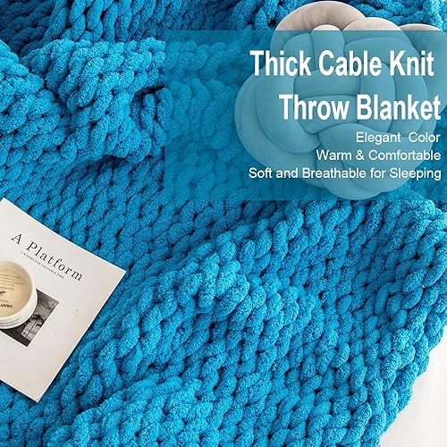 Miniatura 4 de Manta de punto trenzado grueso azul, de 51 x 63 pulgadas, suave, hecha a mano, con hilo de felpilla, para sofá, cama y sofá