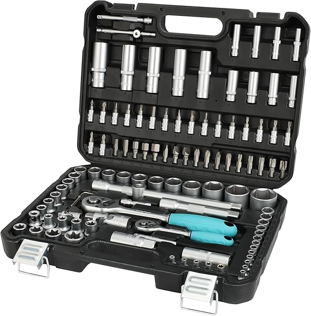 DURATECH Professional Socket Set 108 Pieces, 1/2" and 1/4" Square Drive Quick Release Ratchet Socket Set with Carring Box, Cr-V Sockets, S2 Bits, Universal Joints and Extension Bars