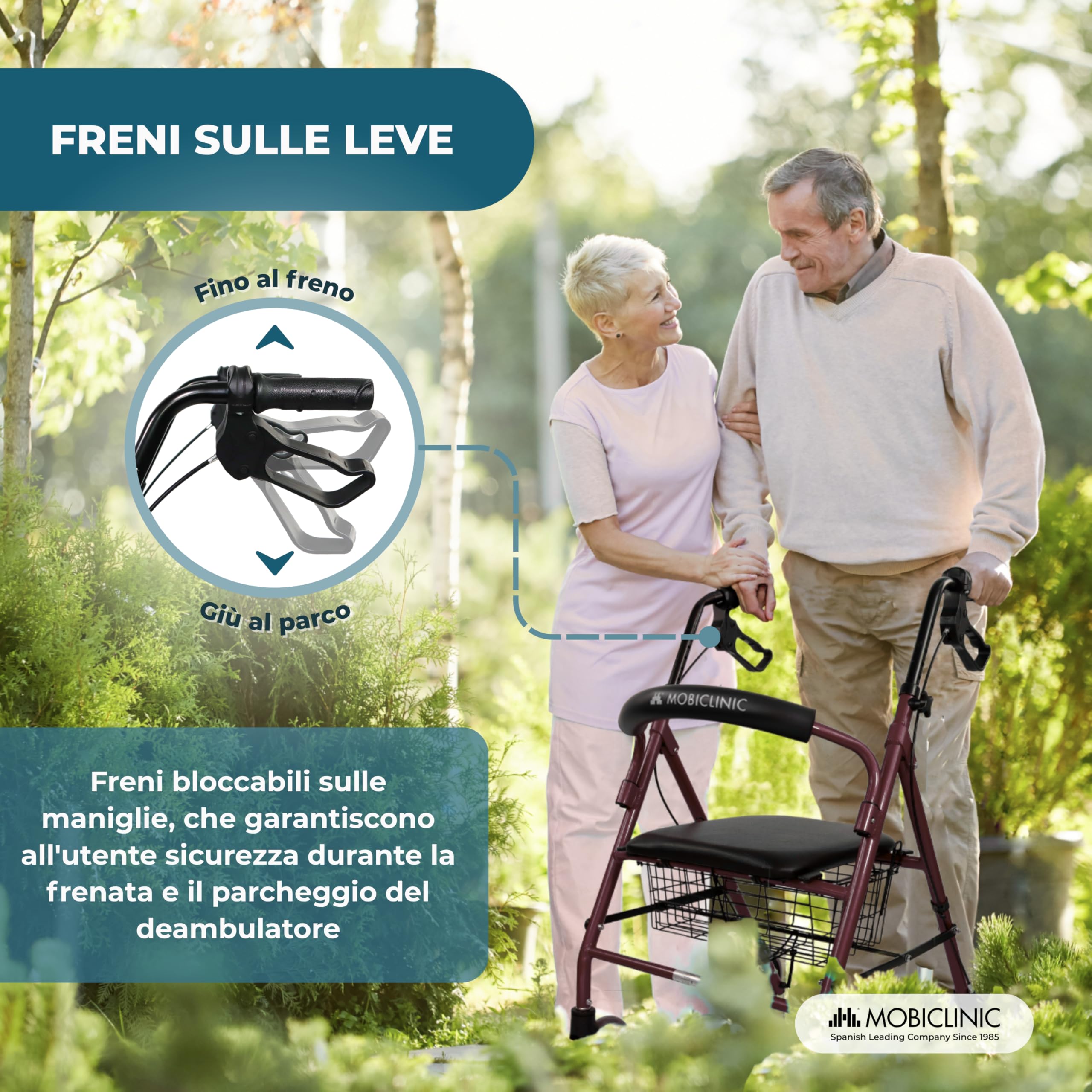 Mobiclinic®, Deambulatore per Anziani, Pieghevole, Regolabile in Altezza, Freni Manuali e Bloccabili, Fino a 110 Kg, con Cestino e Sedile, Leggero, Resistente, Alluminio, Bordeaux, Escorial