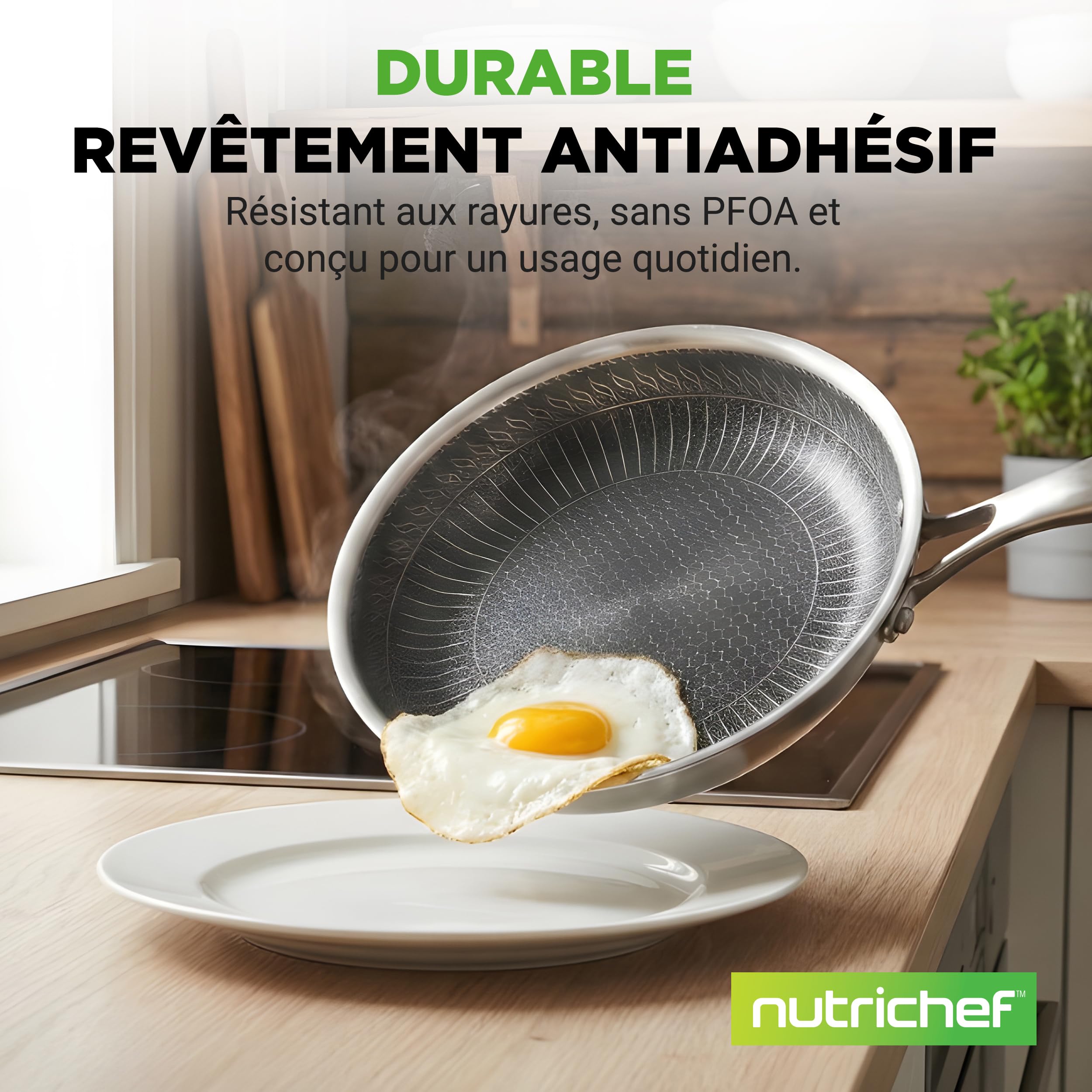 NutriChef Batterie de Cuisine Inox Triply 8 Pièces – Casseroles et Poêles avec Revêtement Antiadhésif, Pour Tous Feux Dont Induction, Marmite, Casserole, Poêle