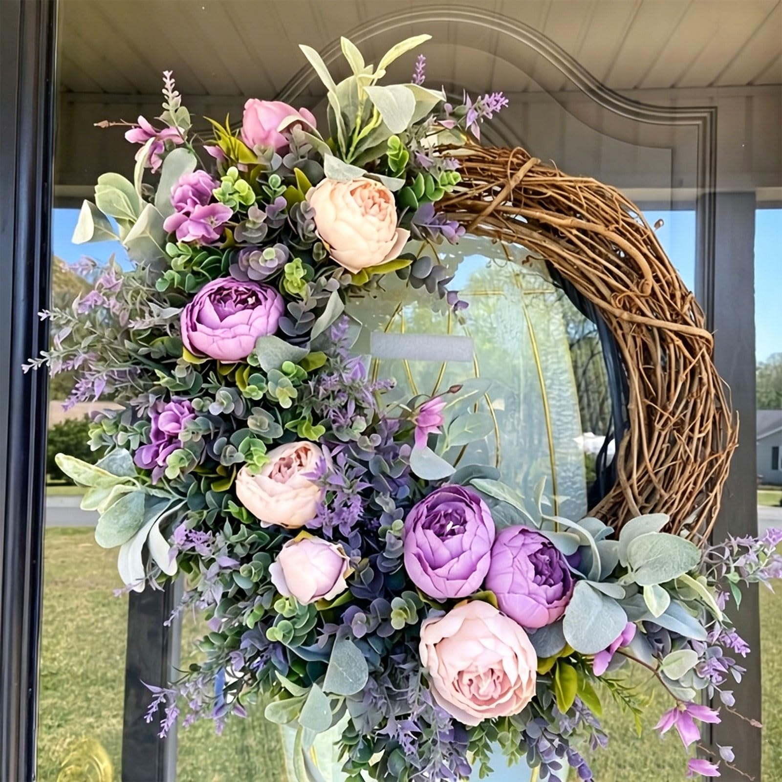 Künstlicher Türkranz mit lila Pfingstrosen, Hortensien und Lavendel, 40/45/50cm Haustürkranz Stil Frühlings Sommer Kranz für Haustür Wand Bauernhaus Innen Außen (50 cm)