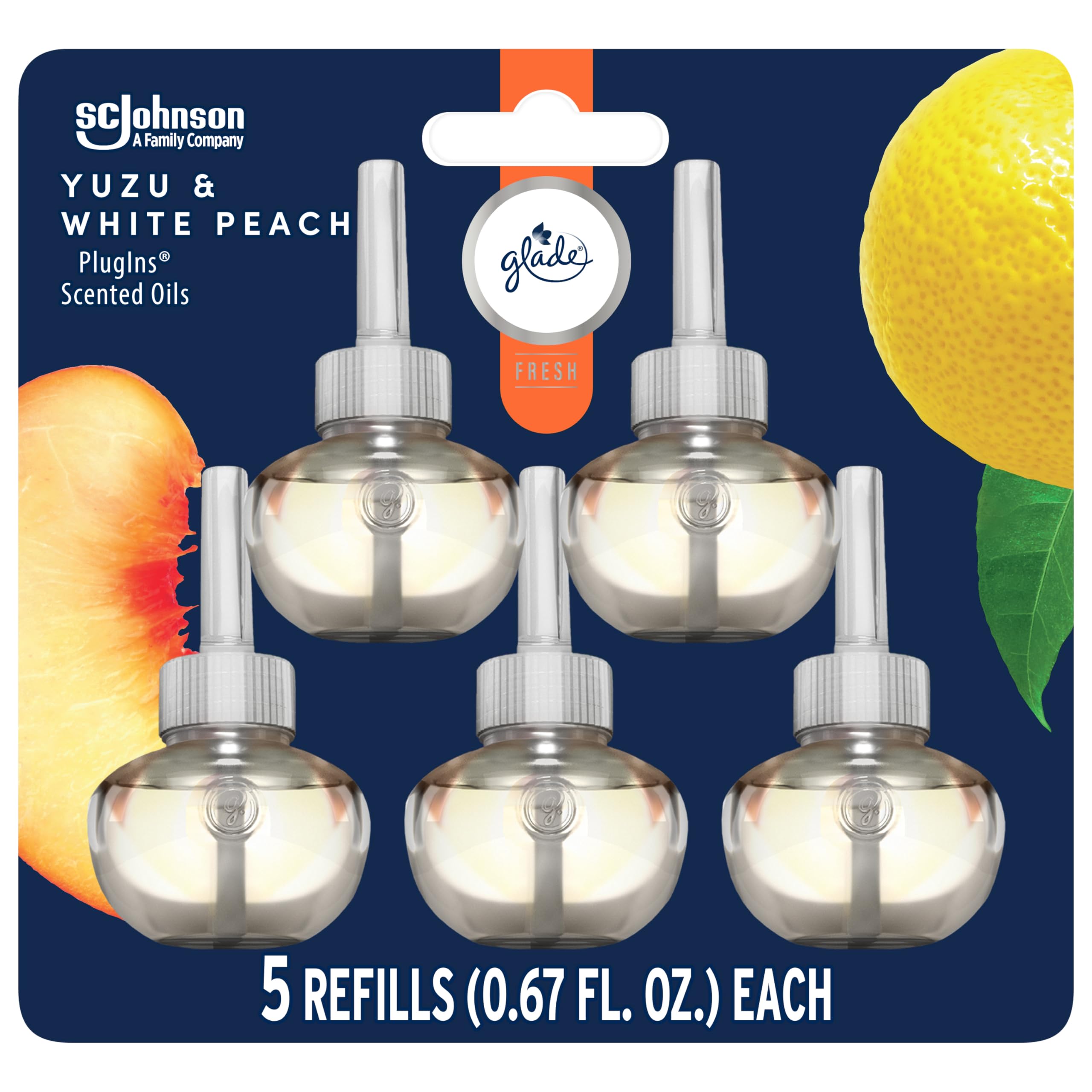GladePlugIns Refills Air Freshener, Scented and Essential Oils for Home and Bathroom, Yuzu & White Peach, Fresh Collection 3.35 Fl Oz, 5 Count