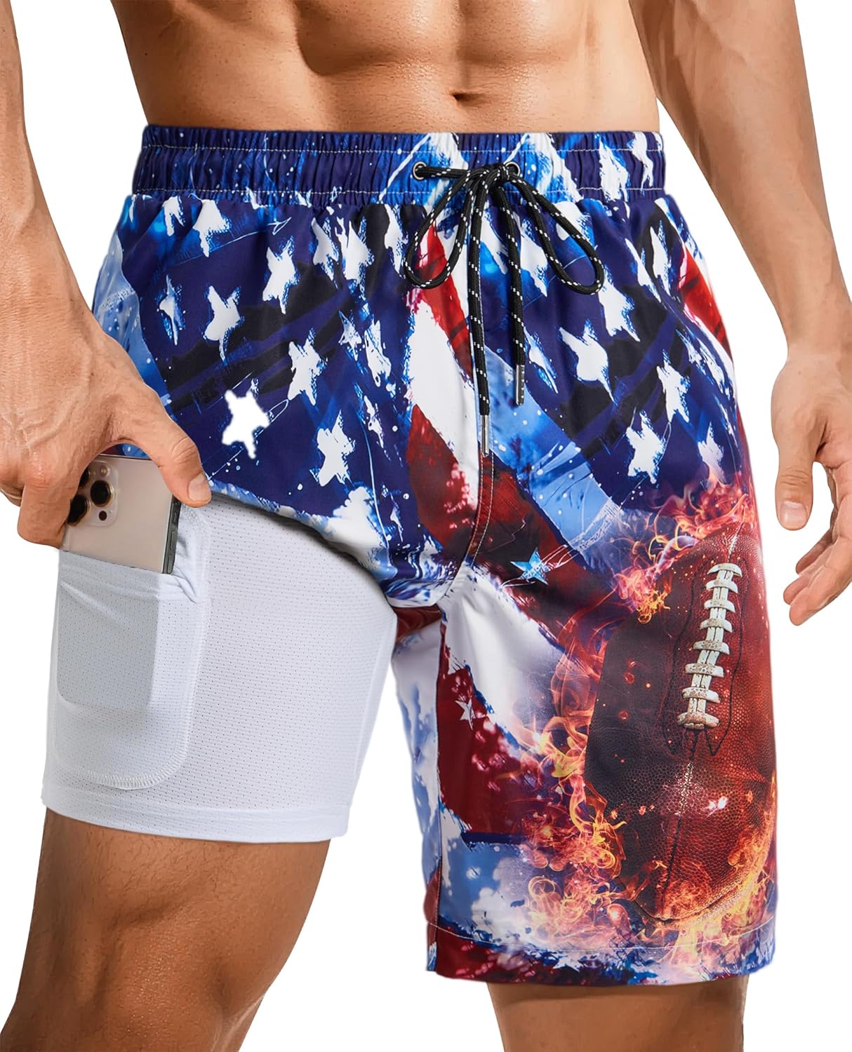 Gleeease Mens Swim Trunks Mens Bathing Suit 9 inch with Compression Liner Pocket Quick Dry Stretch 2-in-1 American Flag Beach