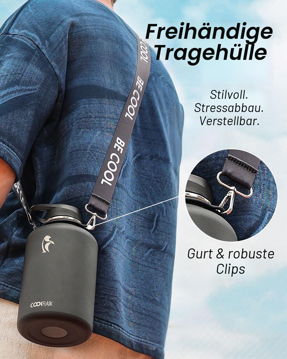 Coolflask Isolierte Wasserflasche 1893 ml mit Riemen, Wasserkrug aus Edelstahl mit Strohhalm und Ausgussdeckel, Große Wasserflasche aus Metall, Auslaufsicher und BPA-frei, Schwarz