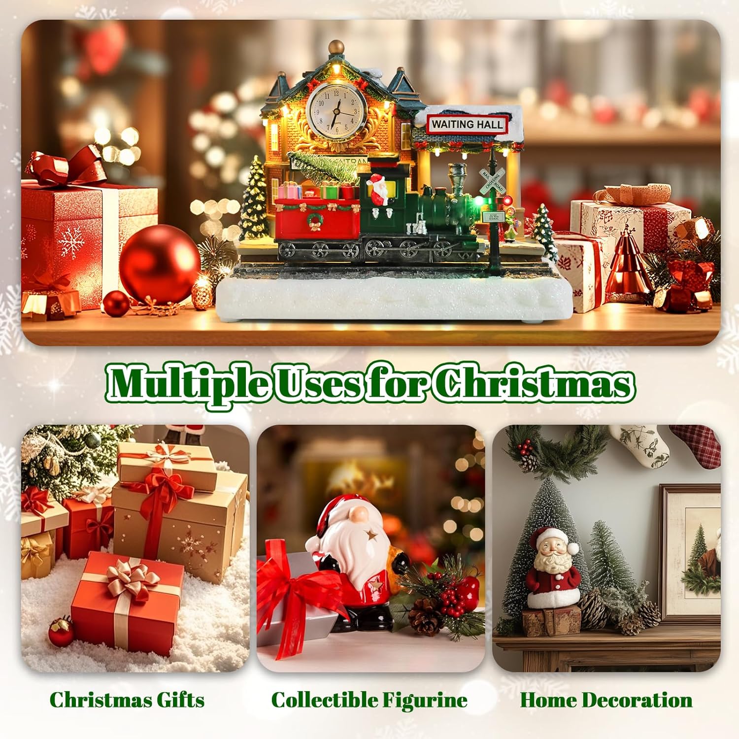 Vigdur Christmas Village Houses - Lighted Xmas Train Station with Moving Train and 8 Xmas Songs, Christmas Animation Village Indoor Holiday Tabletop Decorations for Home Tabletop Gift