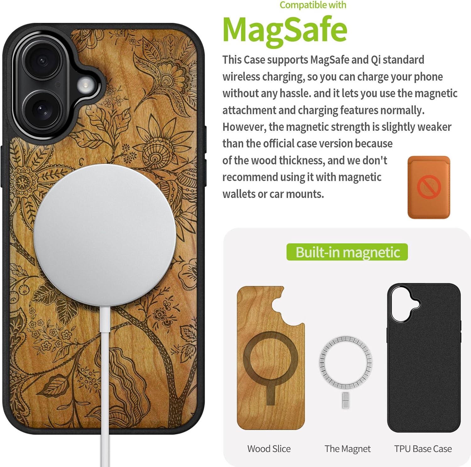 Carveit Magnetic Wooden Case for iPhone 16 Case, Wood Artisan Engraved & Black Soft TPU Shockproof Cover, Compatible with MagSafe Wireless Chargers (Floral Wallpaper) Cherry