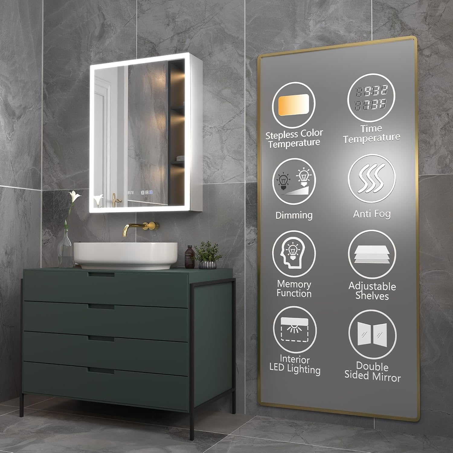 ExBrite 24"x32" Lighted Medicine Cabinet, Recessed/Surface LED Mirror Cabinet, Defog, Stepless Dimming,Built-in Dual 1800W Power Outlets & 6000K Sensor Light,Right Hinge