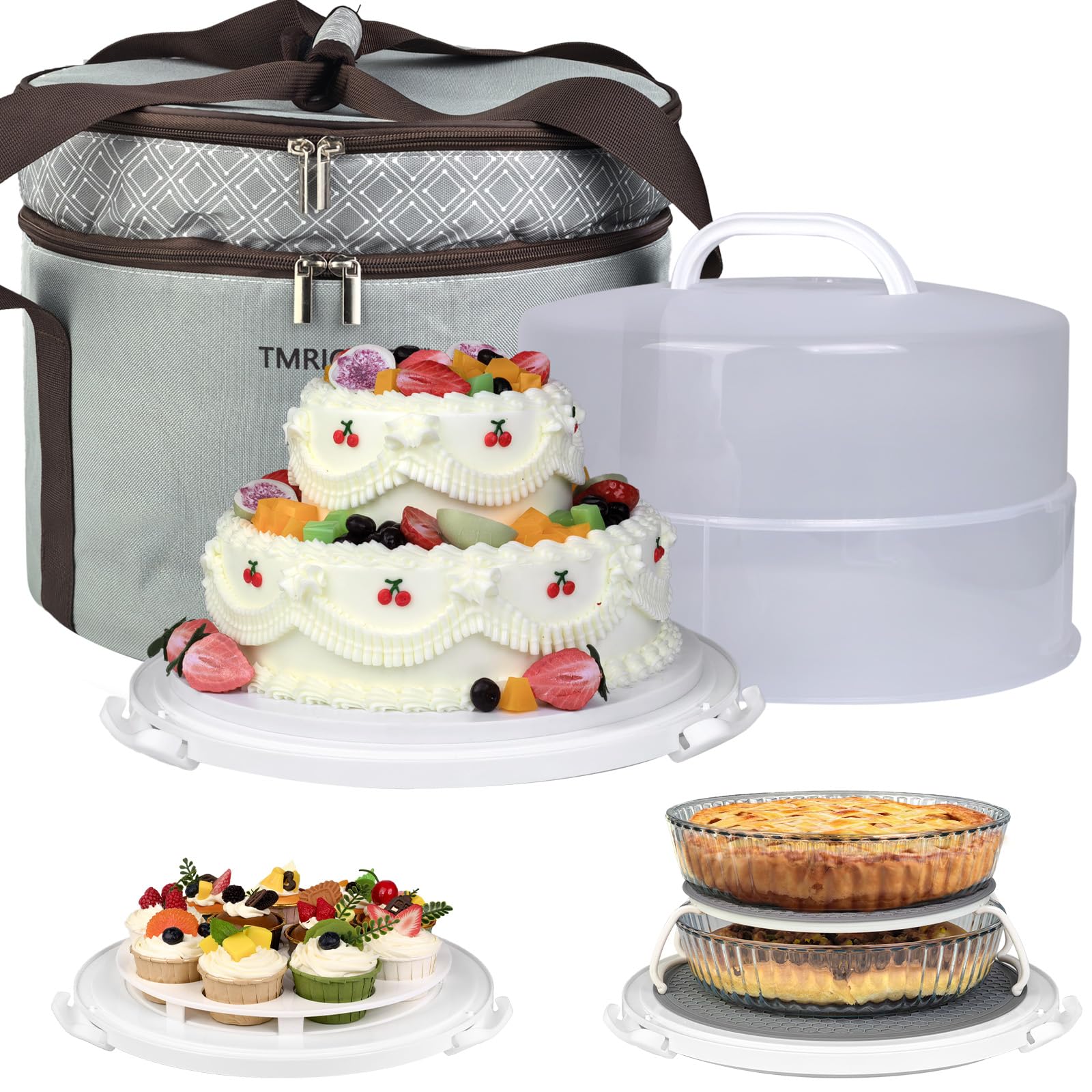 12 Inch Cake carrier Container with Lid and Handles Includes Insulated Bag for Safe Transportation of Buttercream Doesn't Melt Easy for Cakes, Pies and Cupcakes (Grey)