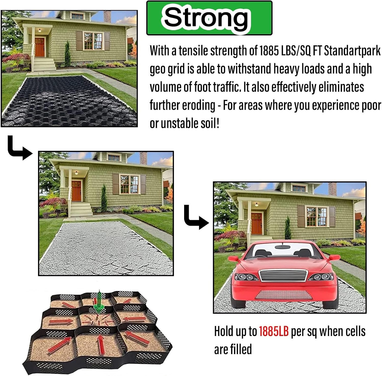 Commercial Geo Grid Driveway Stabilization Grids, 2" Thick Gravel Ground Grid 3.3ft/ 6.6ft/ 10ft/ 13ft/ 16ft/ 20ft Paver for Garden, Shed Base, Driveway & Patios ( Color : W X L , Size : 1m x 10m ( 3.