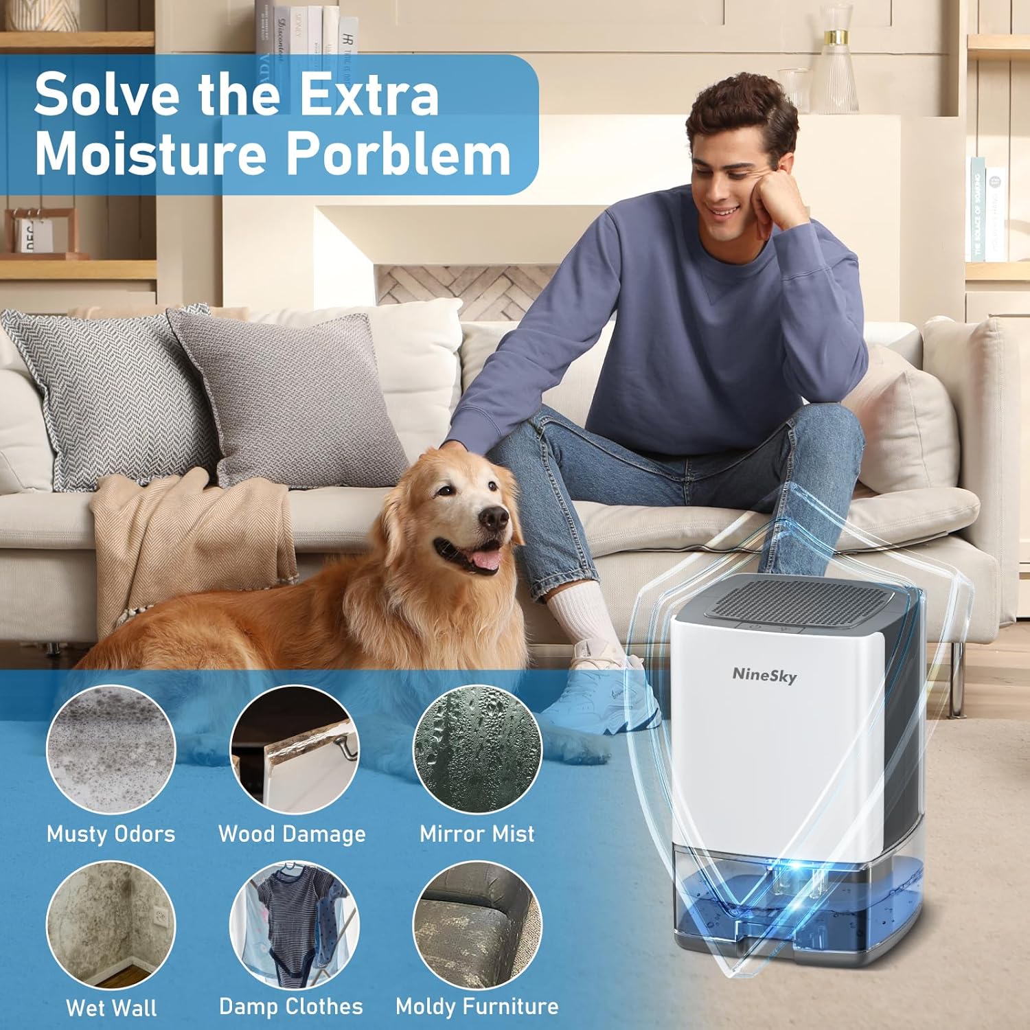 NineSky Dehumidifier for Home, 35oz Water Tank (300 sq.ft), Small Dehumidifiers for Bathroom, Bedroom, Basement with 7 Colorful Lights, Auto Shut Off, White Gray image 6 of 7 B0F4XF5YDQ