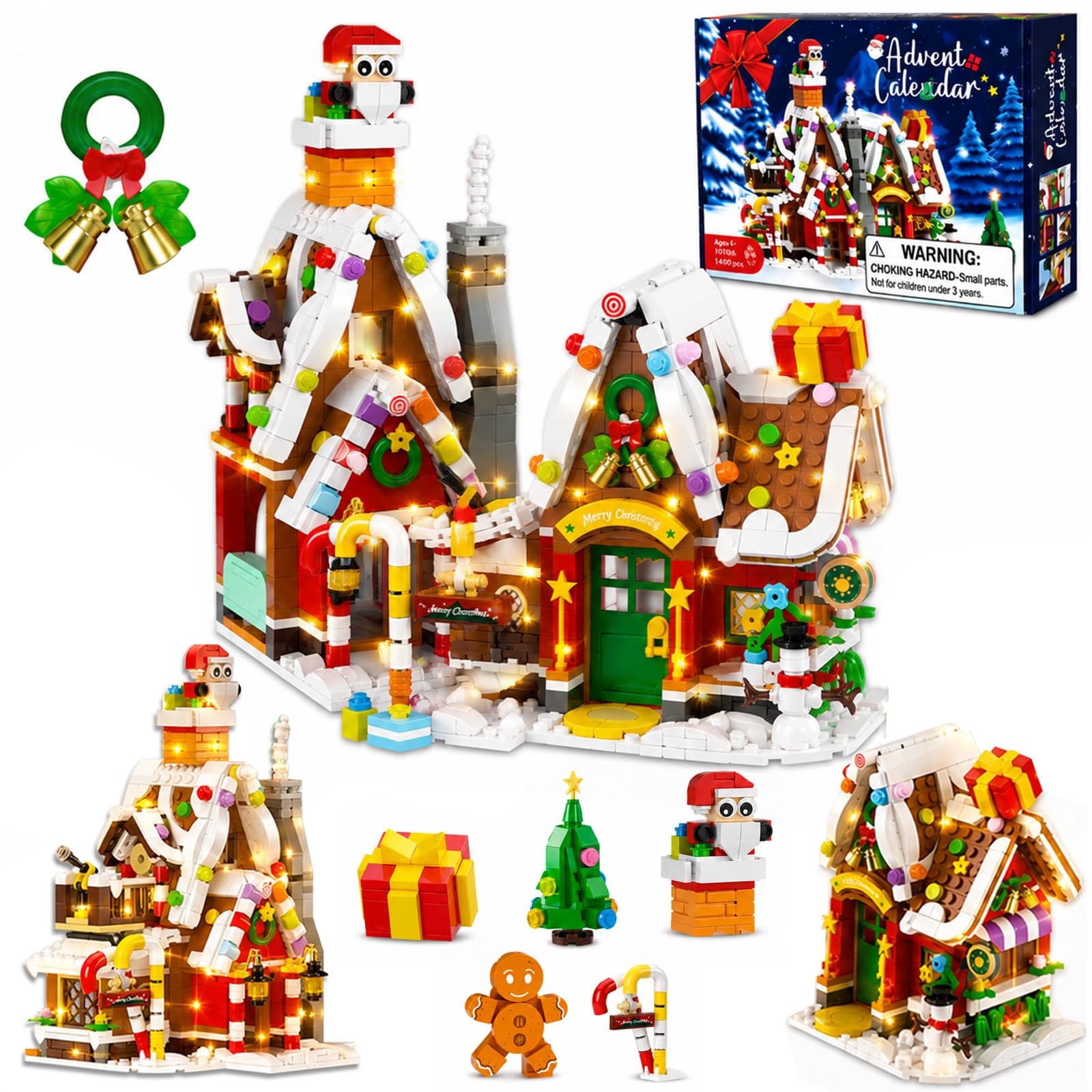 Adventskalender 2026 3-in-1 Mini Gingerbread House, 24 Tage Countdown Weihnachtsdorf Hauptstraße Bausatz mit Weihnachtsbaum Zug, Weihnachten Stadt Shop Street View Bausteine Set, Bildungsspielzeug