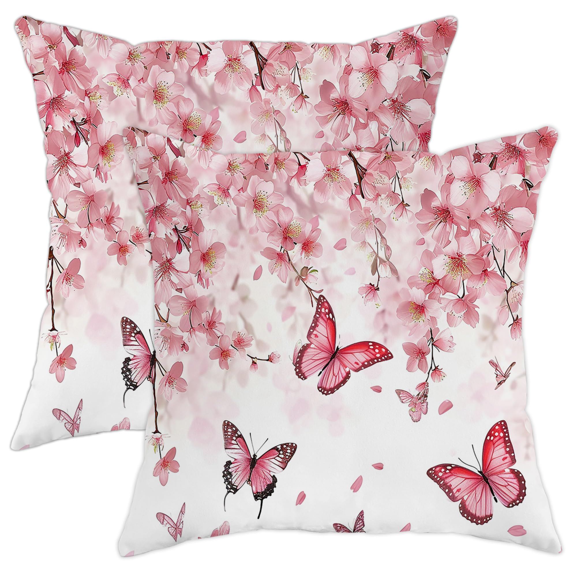 butterfly throw pillow covers set of 2 cherry blossoms floral elegant aesthetic spring aesthetic pink soft velvet standard size bedroom office indoor room dorm cozy pillow case 16x16inch